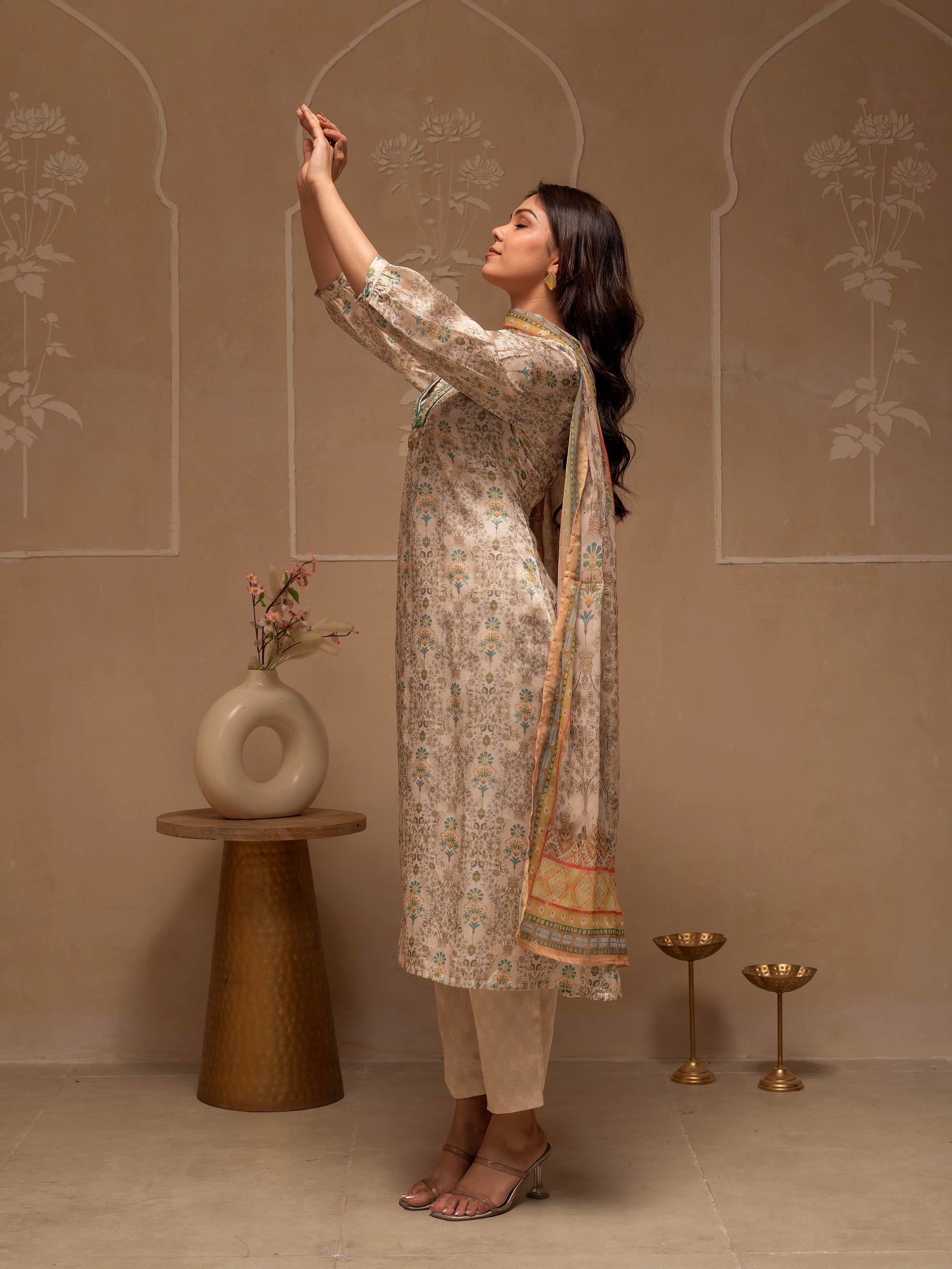 Manmade Fiber Ivory Embellished Kurta Pant Dupatta Set with Floral & Ethnic Motifs