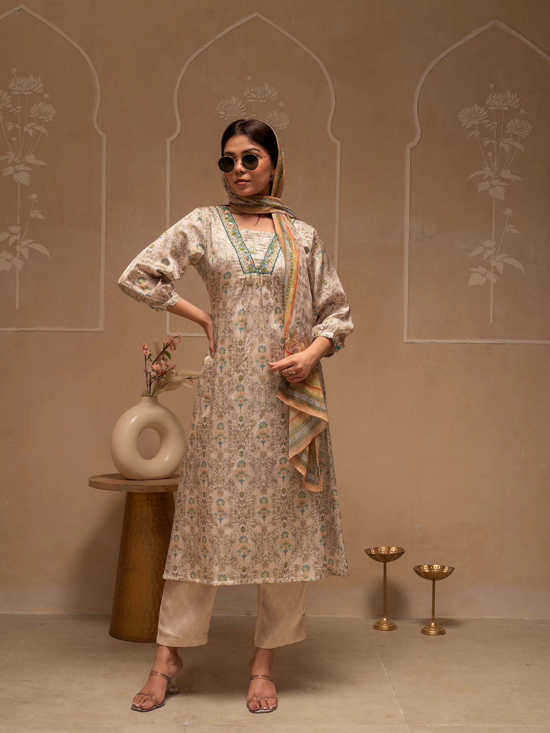 Manmade Fiber Ivory Embellished Kurta Pant Dupatta Set with Floral & Ethnic Motifs