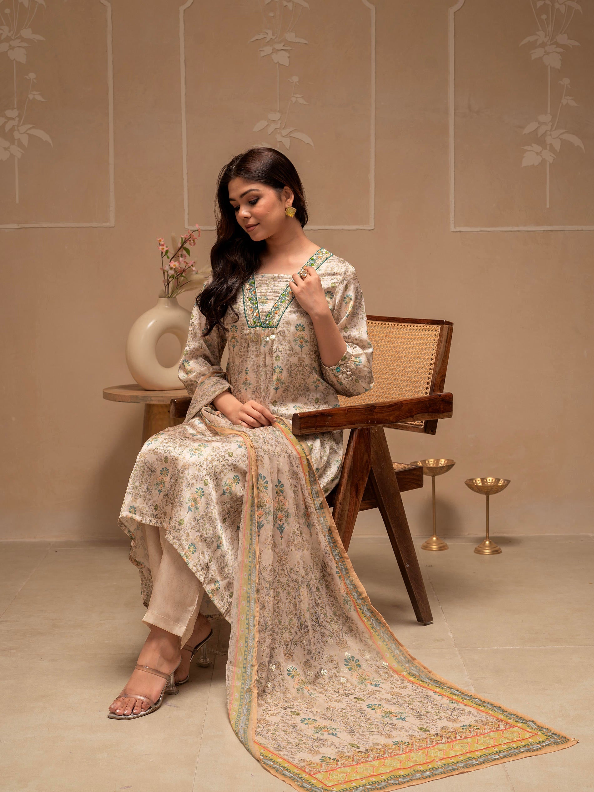 Manmade Fiber Ivory Embellished Kurta Pant Dupatta Set with Floral & Ethnic Motifs