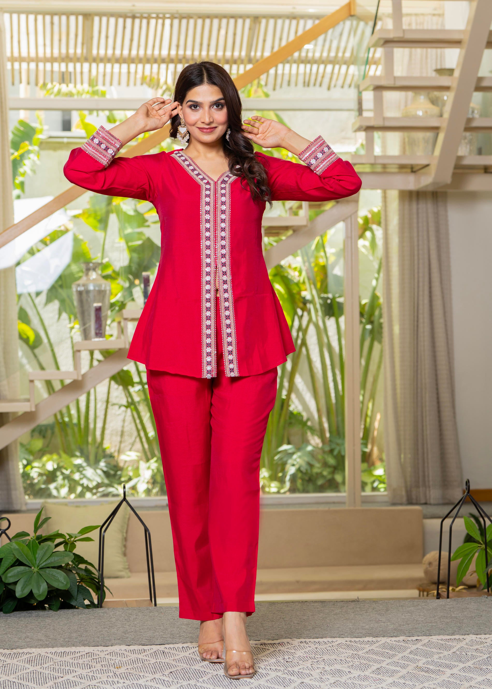 Red Embroidered V-Neck Co-ord Set with Straight Pants