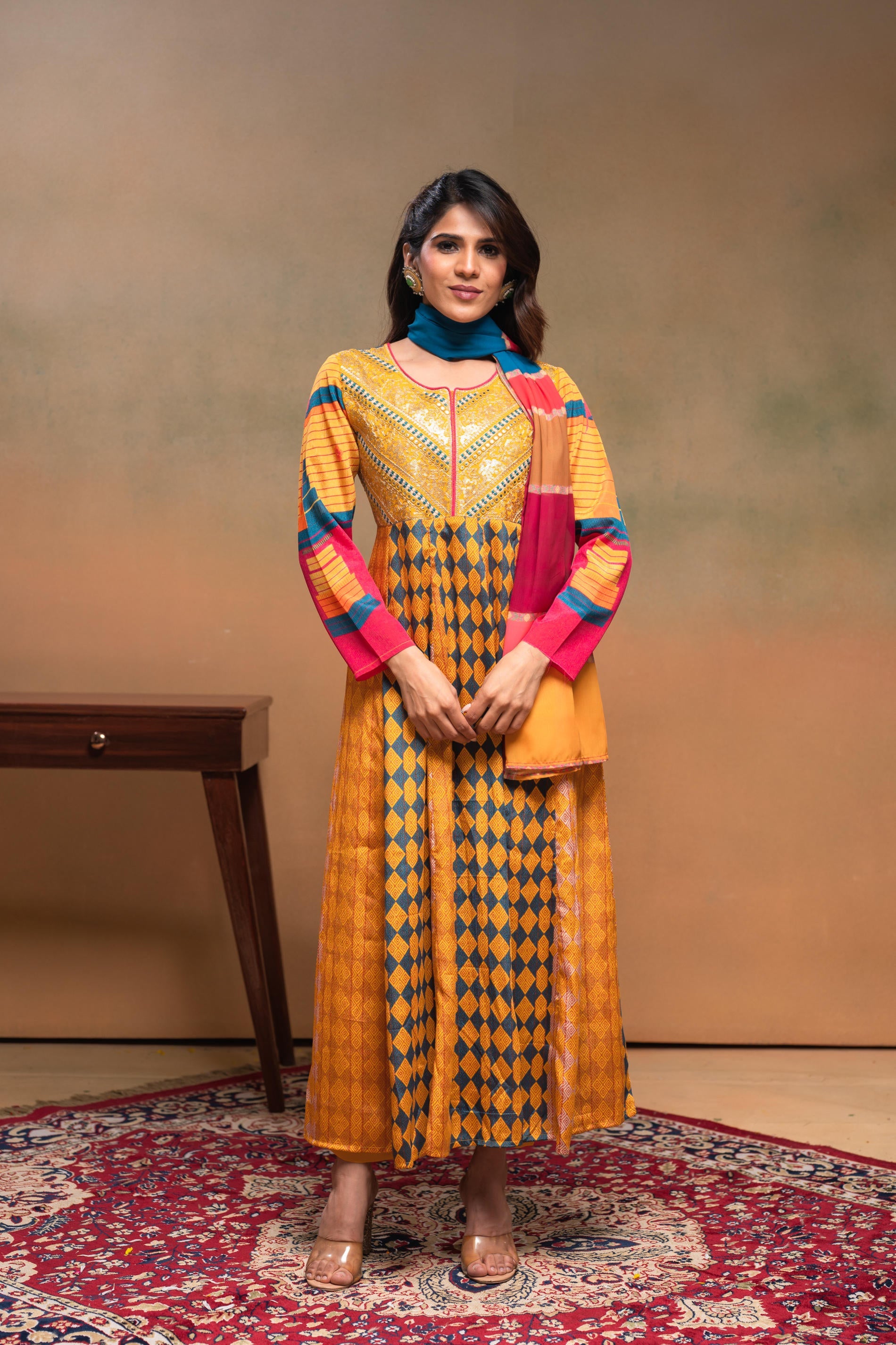 Manmade Fiber Mustard Embroidered Color Block Kurta Pant Dupatta Set with Mirror & Thread Work