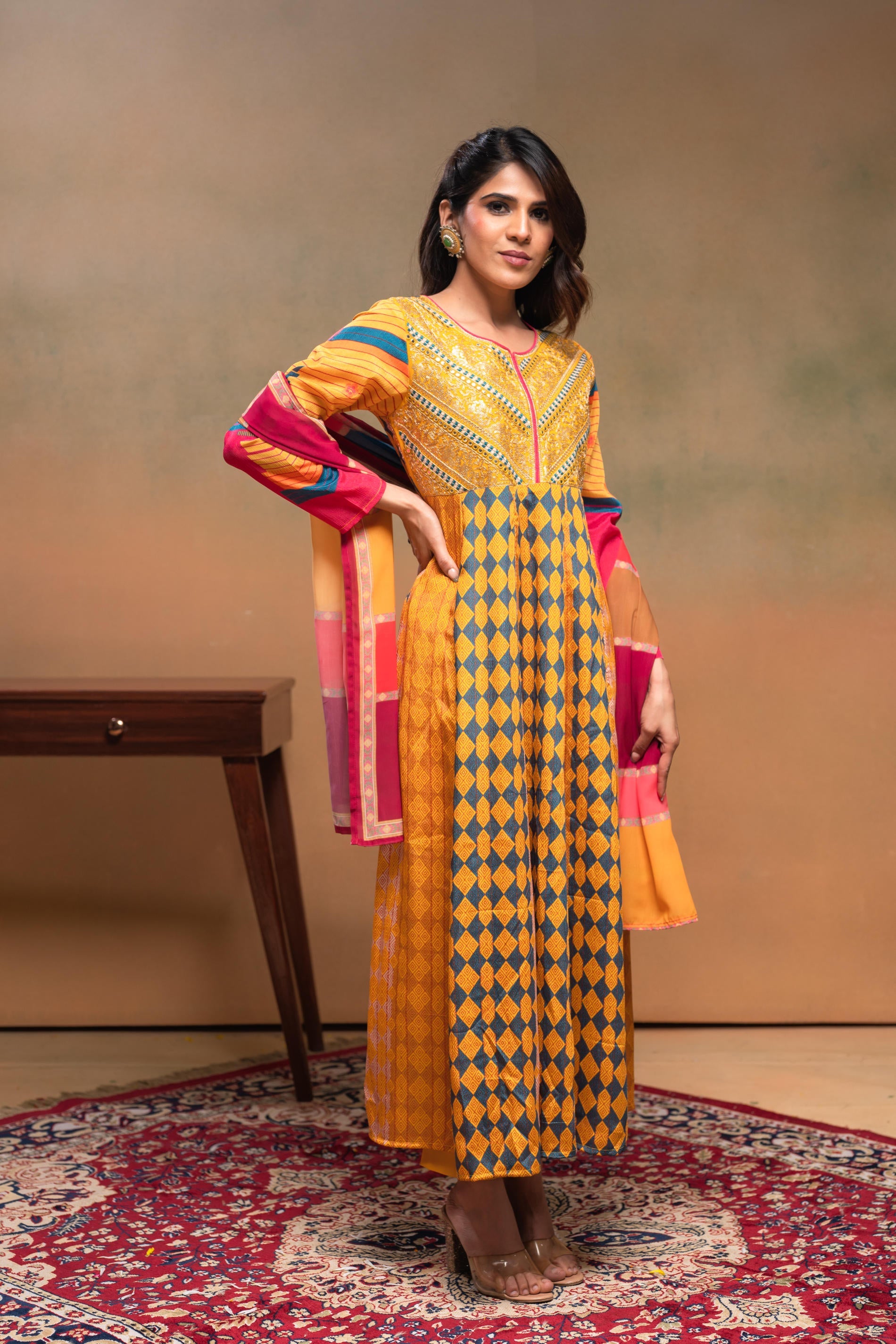 Manmade Fiber Mustard Embroidered Color Block Kurta Pant Dupatta Set with Mirror & Thared Work