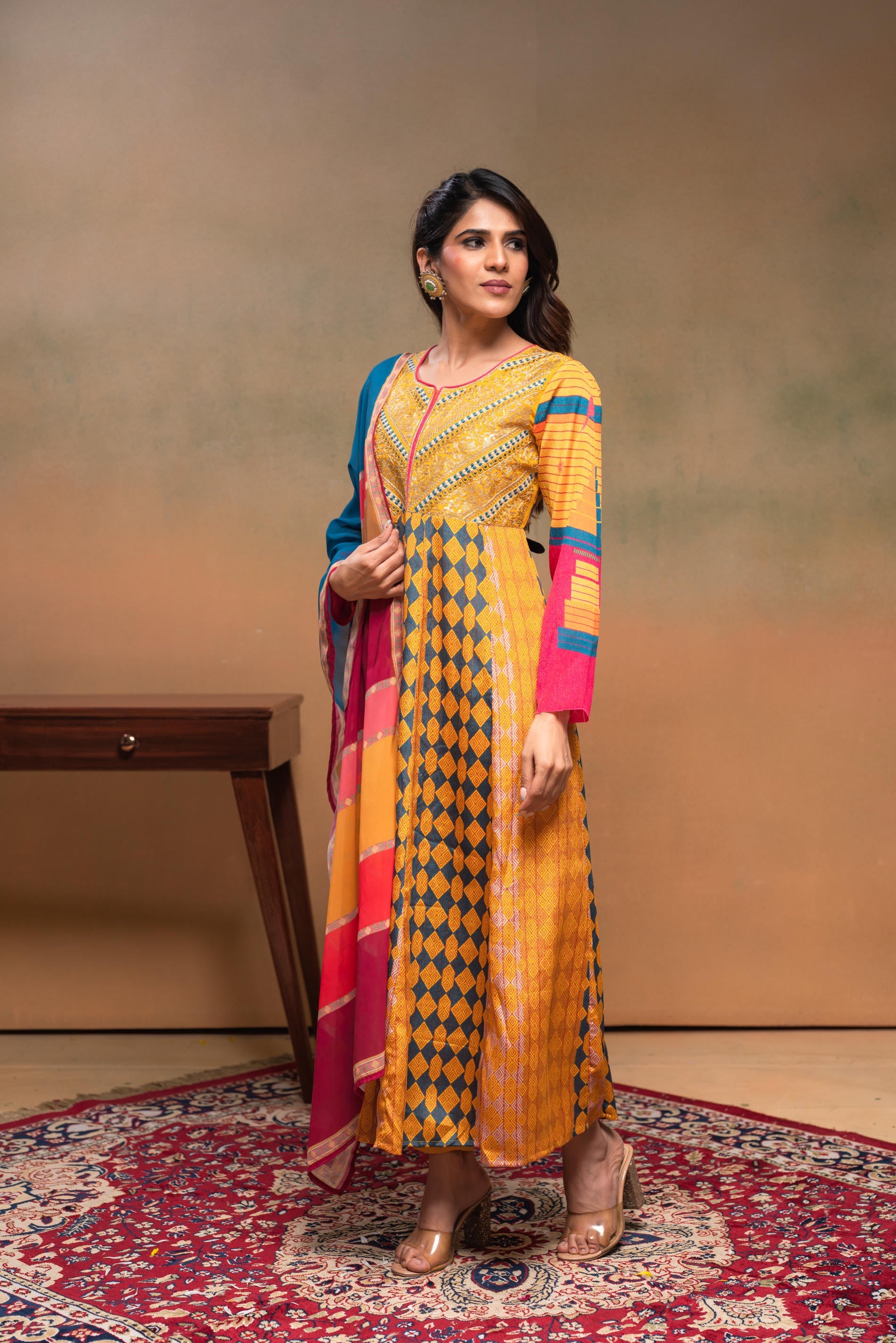 Manmade Fiber Mustard Embroidered Color Block Kurta Pant Dupatta Set with Mirror & Thread Work