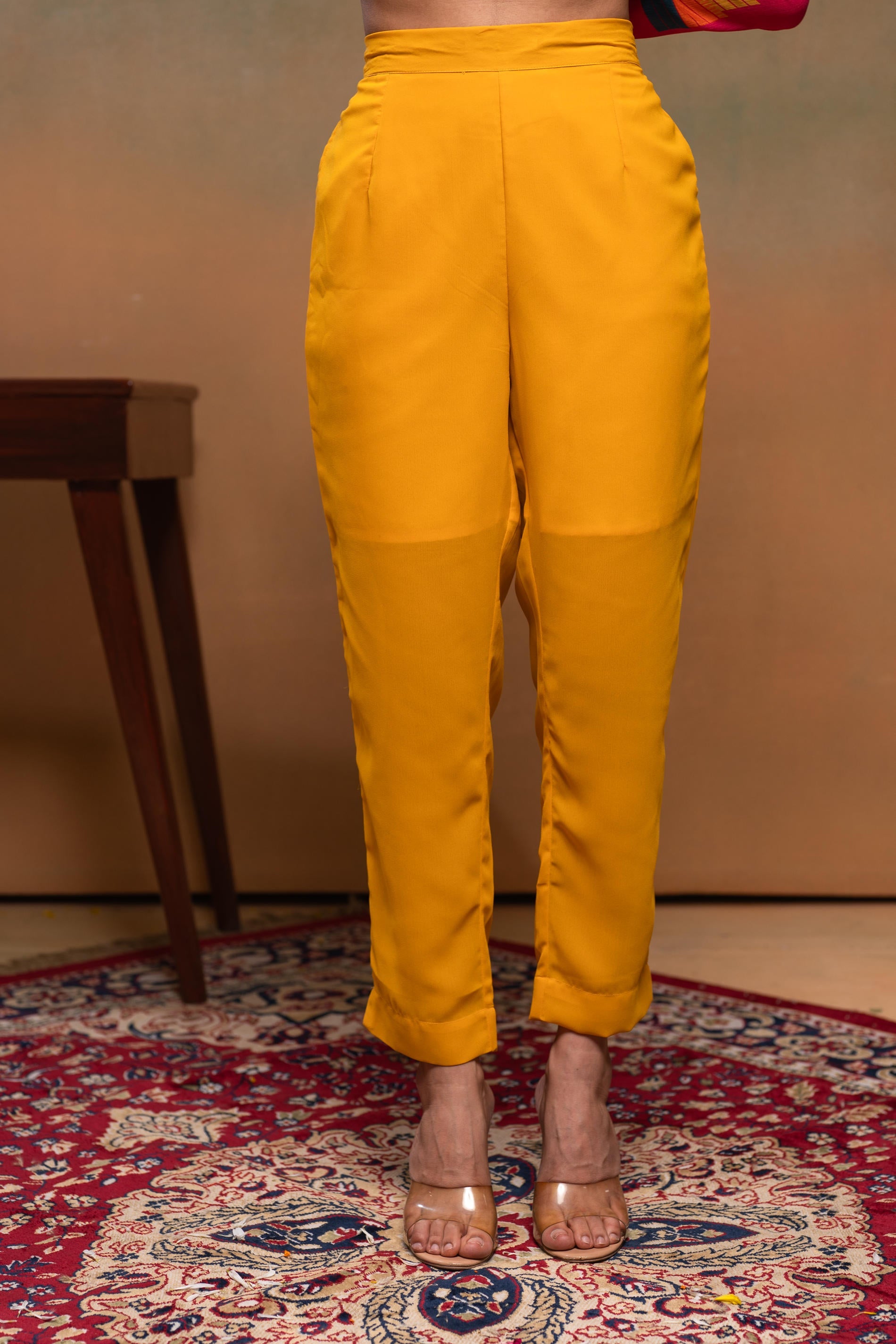 Manmade Fiber Mustard Embroidered Color Block Kurta Pant Dupatta Set with Mirror & Thread Work