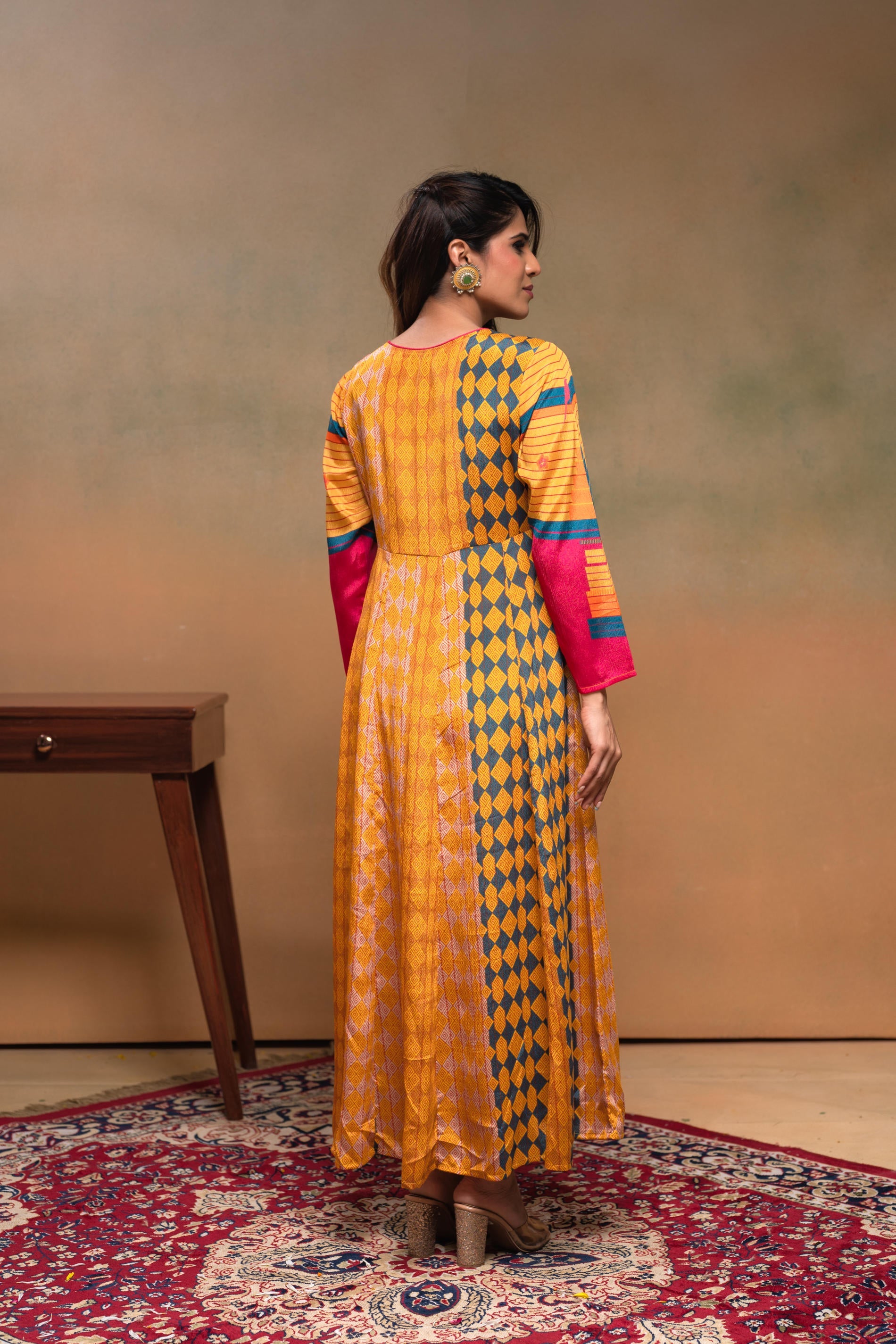 Manmade Fiber Mustard Embroidered Color Block Kurta Pant Dupatta Set with Mirror & Thared Work