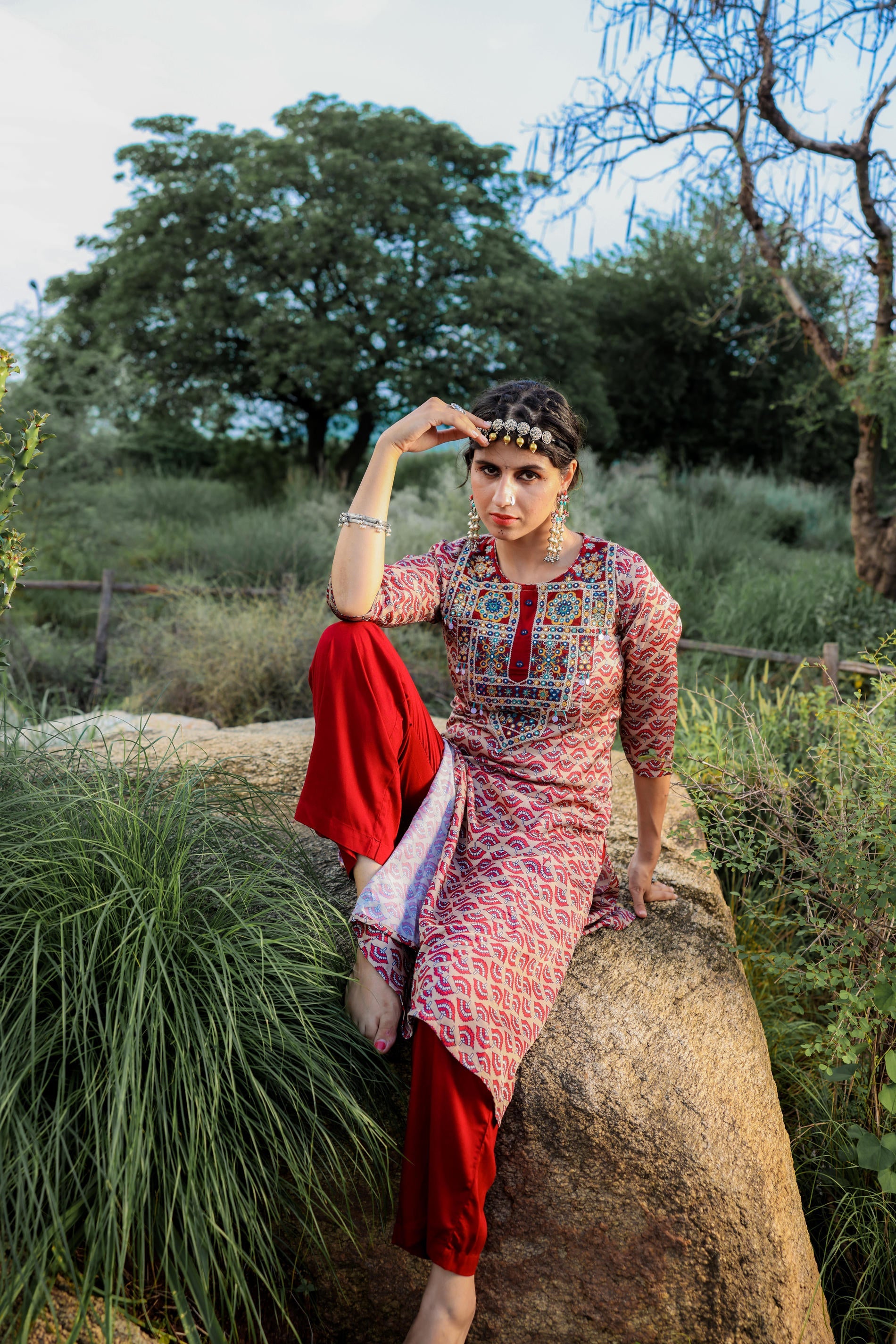 Ivory Floral Poly Kurta and Pants Set with Mirror, Thread Work and Tassels Detail