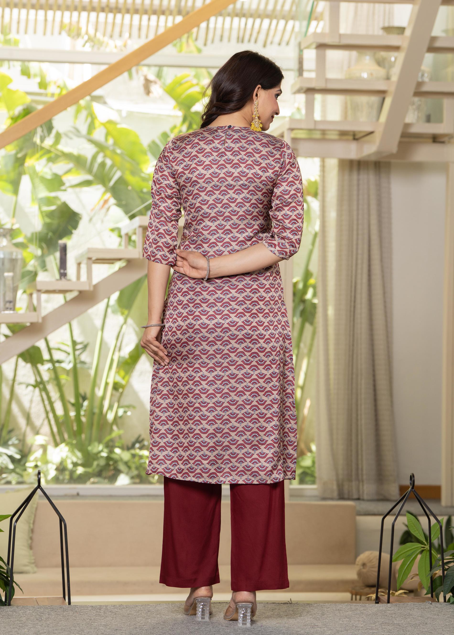 Ivory Floral Poly Kurta and Pants Set with Mirror, Thread Work and Tassels Detail