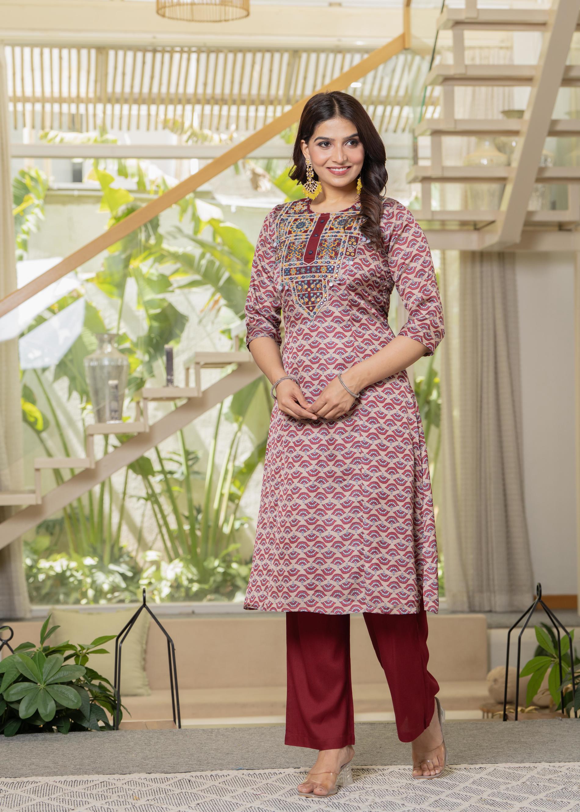 Ivory Floral Poly Kurta and Pants Set with Mirror, Thread Work and tassels Detail
