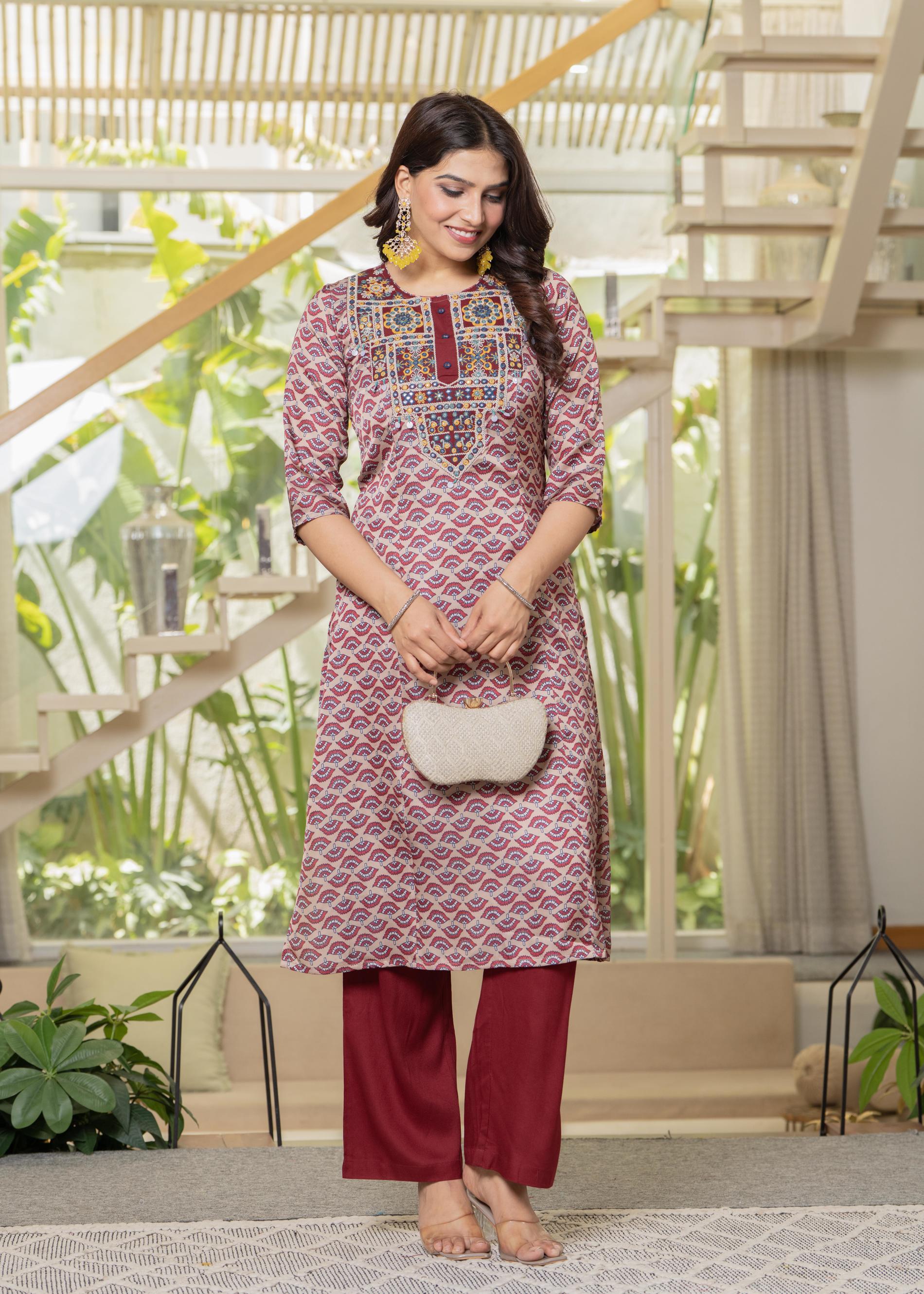 Ivory Floral Poly Kurta and Pants Set with Mirror, Thread Work and Tassels Detail