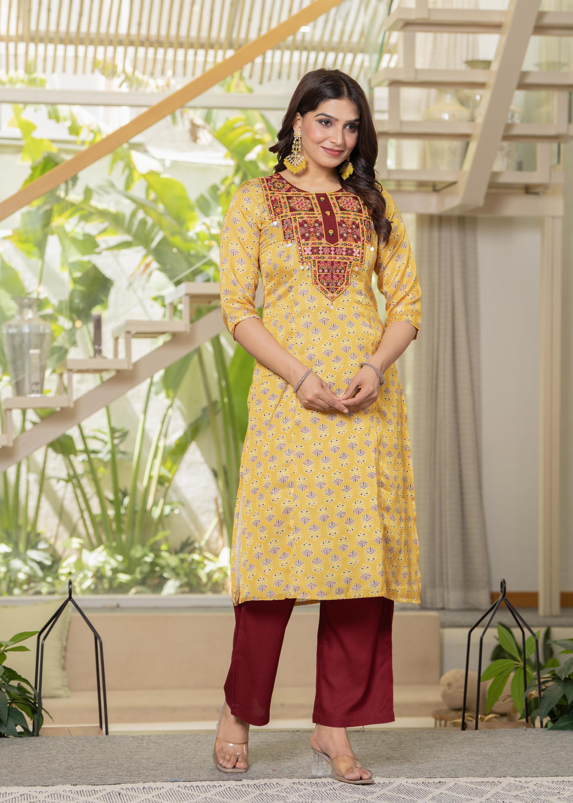 Yellow Floral Poly Kurta and Pants Set with Mirror, Thread Work and Telesales Detail