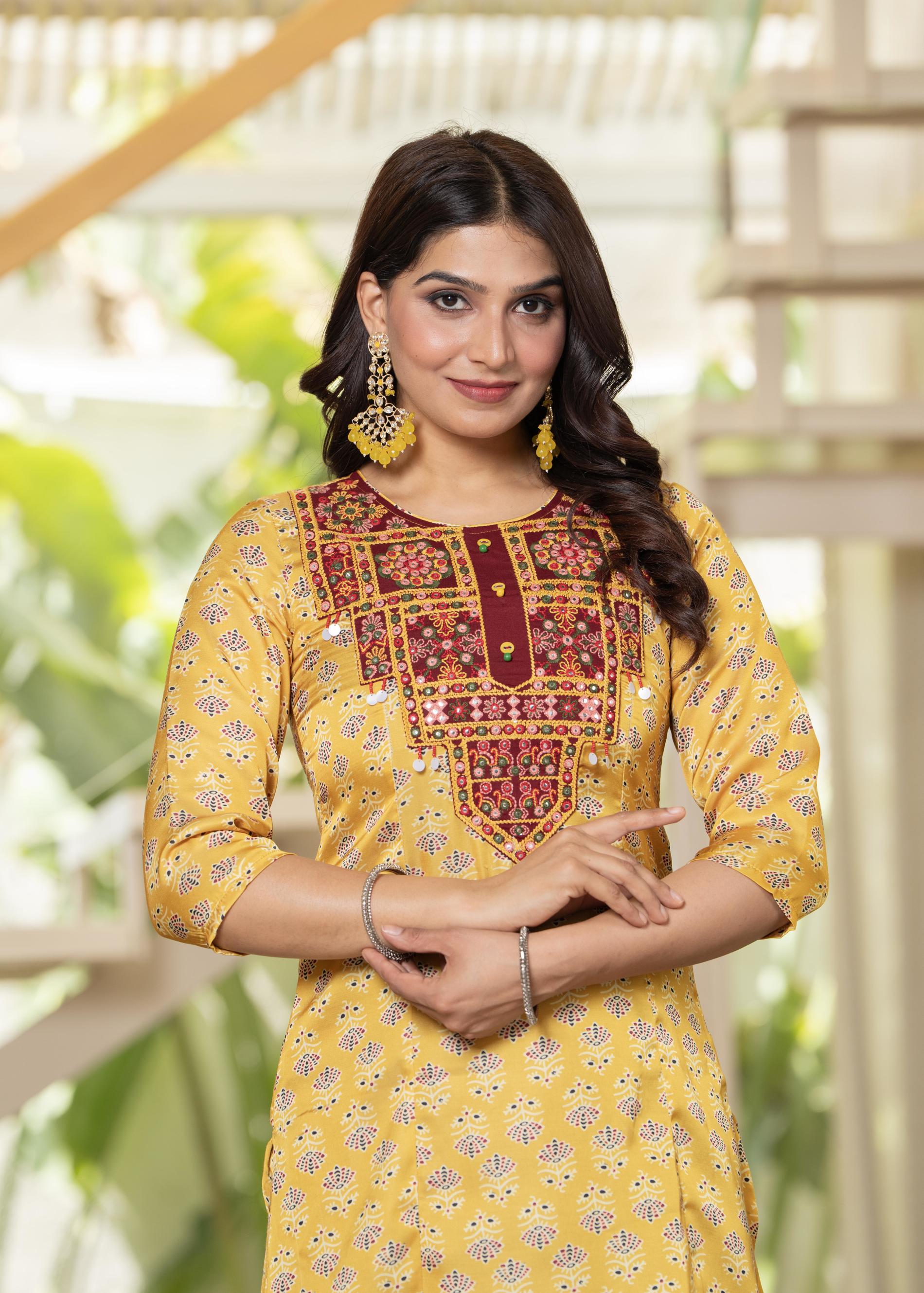 Yellow Floral Poly Kurta and Pants Set with Mirror, Thread Work and Telesales Detail