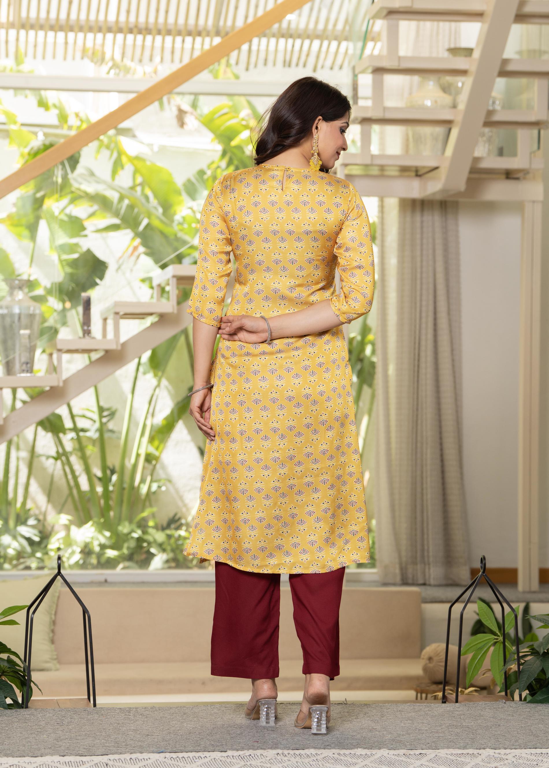 Yellow Floral Poly Kurta and Pants Set with Mirror, Thread Work and Telesales Detail