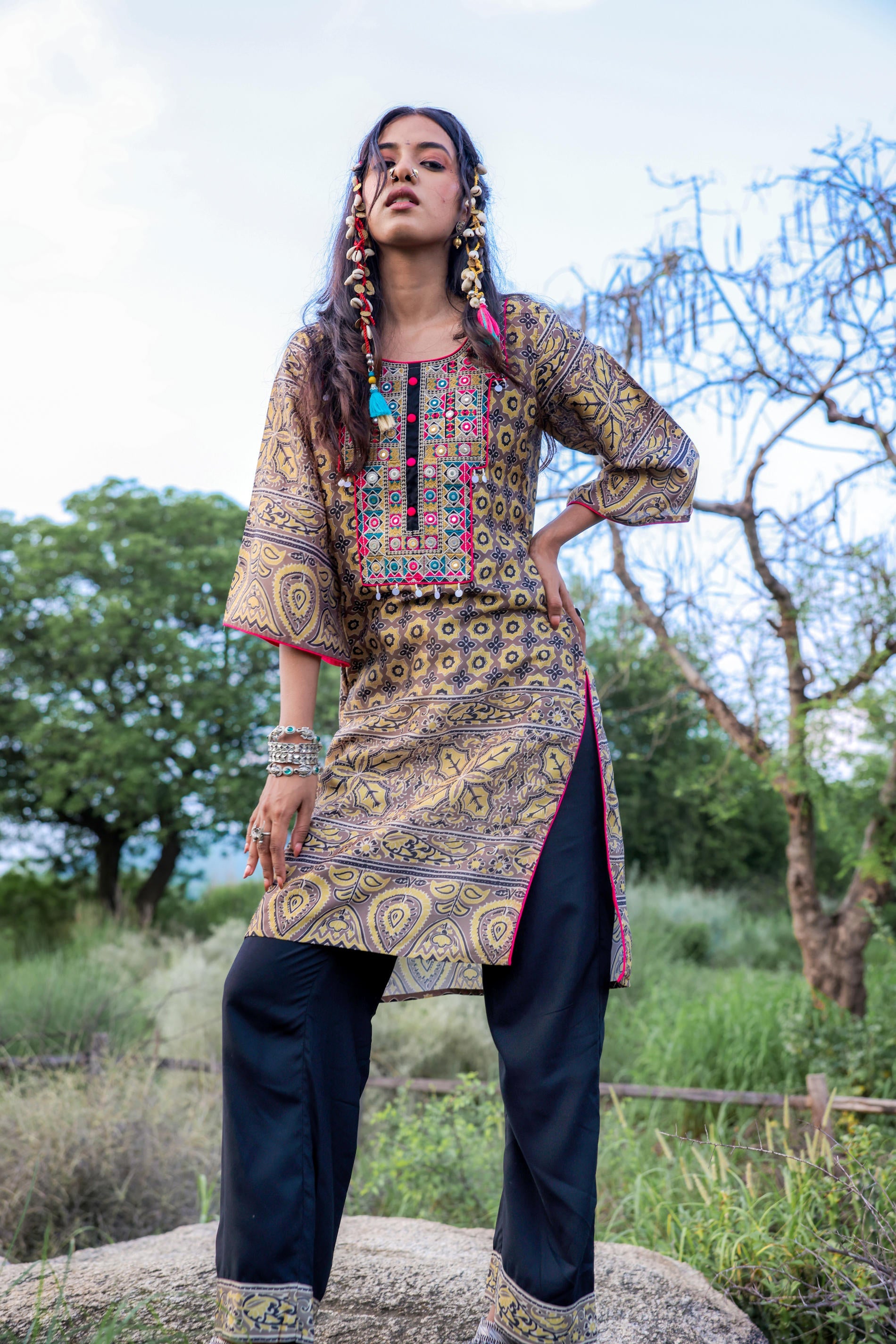 Polycotton Mustard Embroidered Kurta Pant Set with Mirror, Thread Work & Tassels