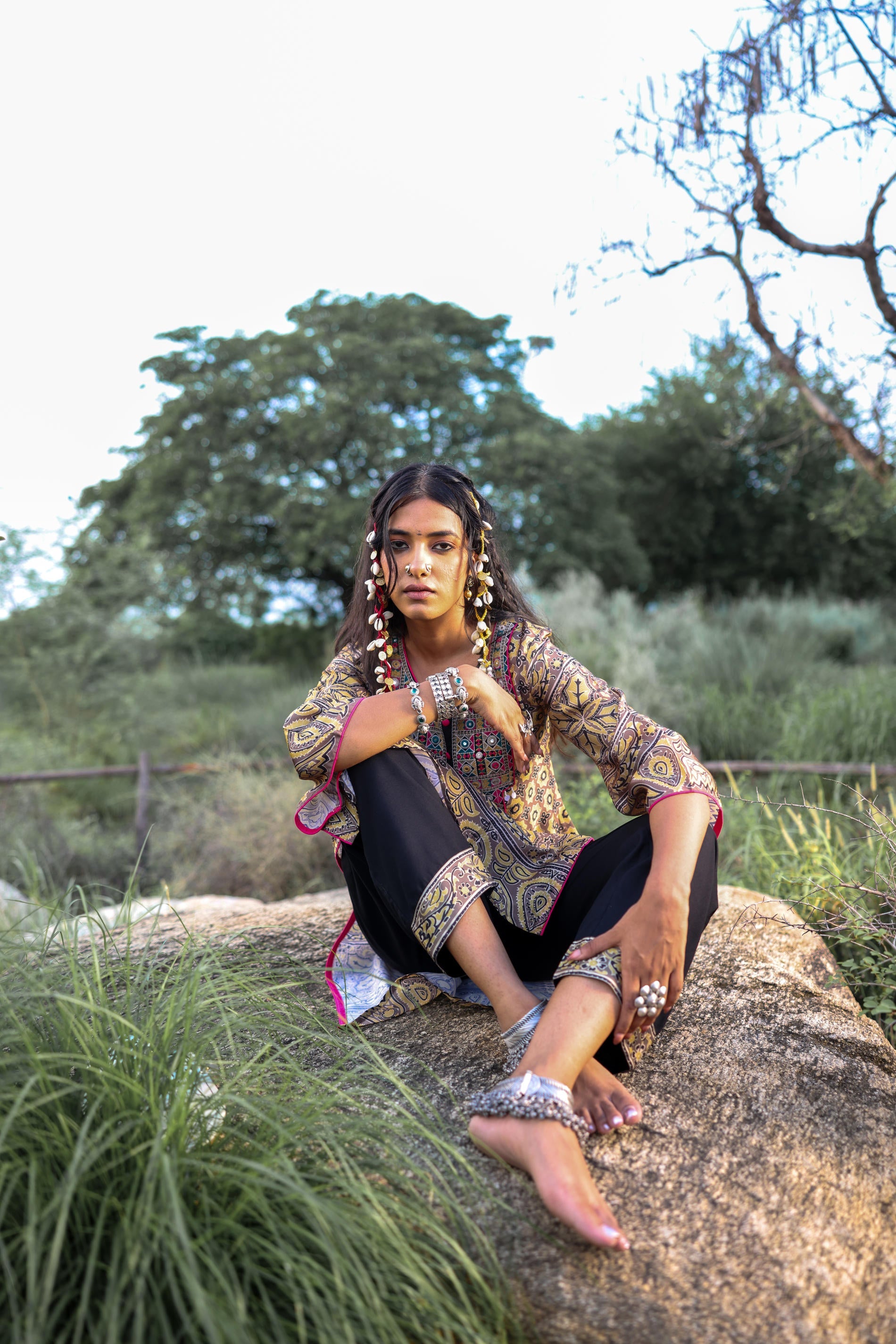 Polycotton Mustard Embroidered Kurta Pant Set with Mirror, Thread Work & Tassels