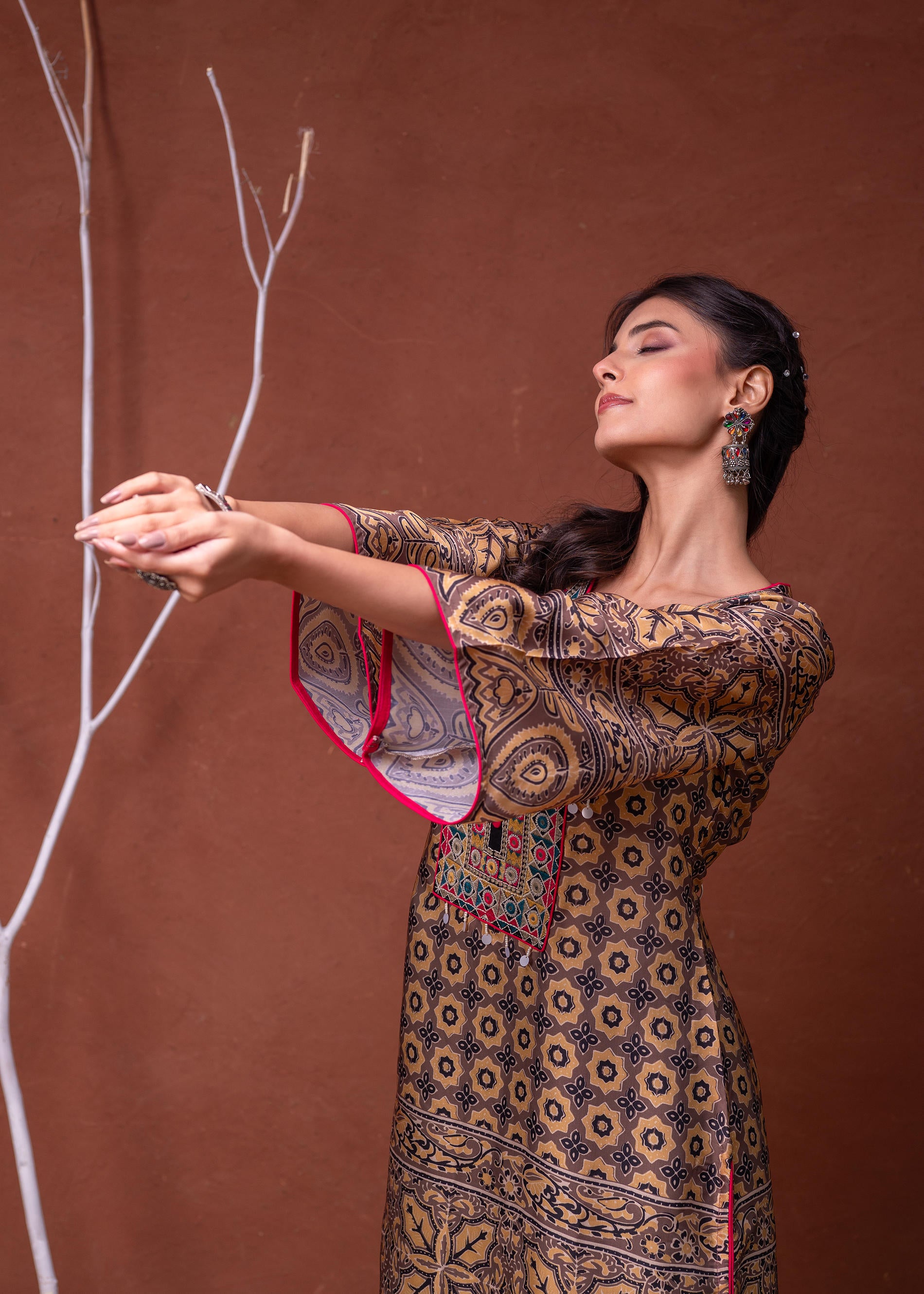 Polycotton Mustard Embroidered Kurta Pant Set with Mirror, Thread Work & Tassels