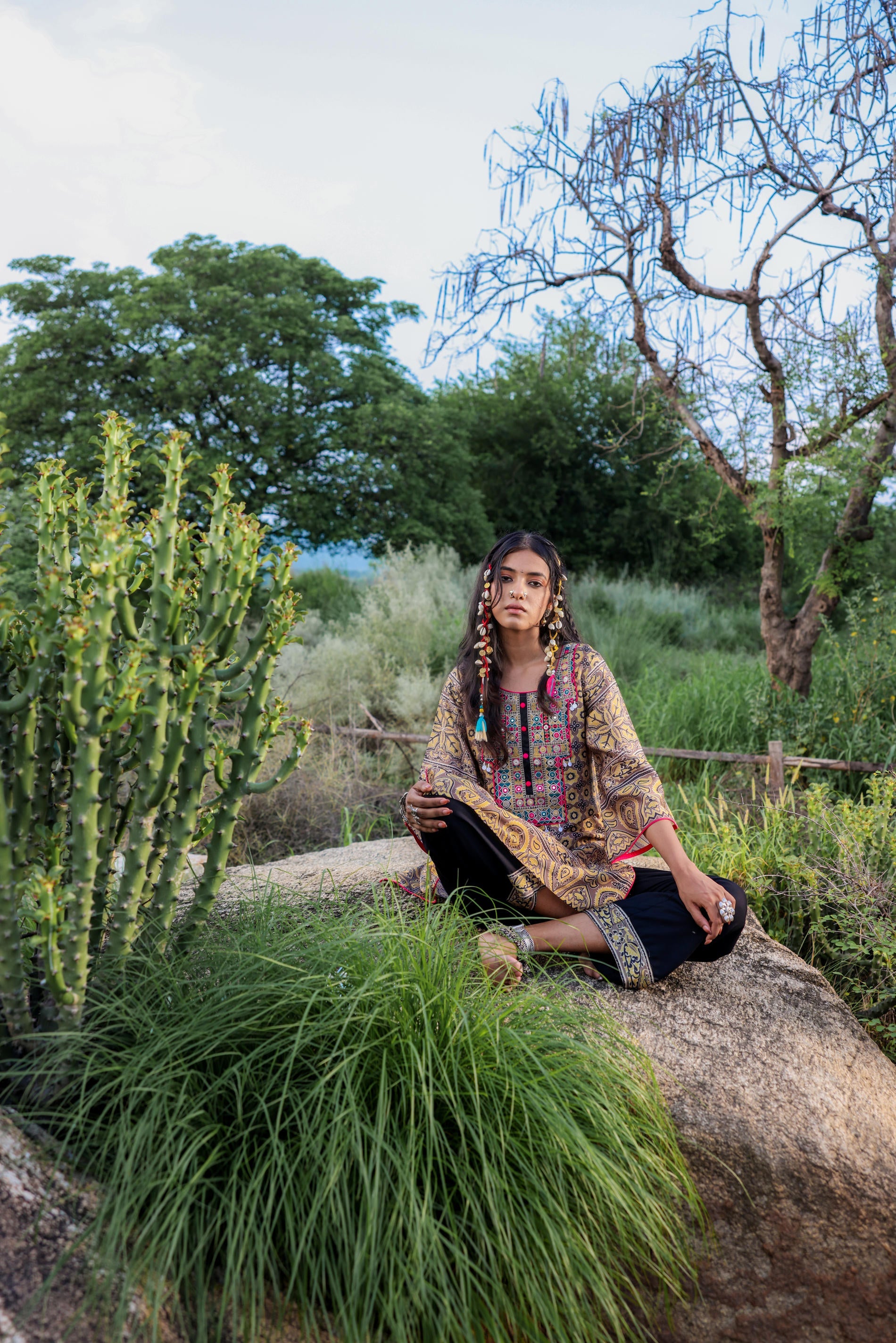 Polycotton Mustard Embroidered Kurta Pant Set with Mirror, Thread Work & Tassels