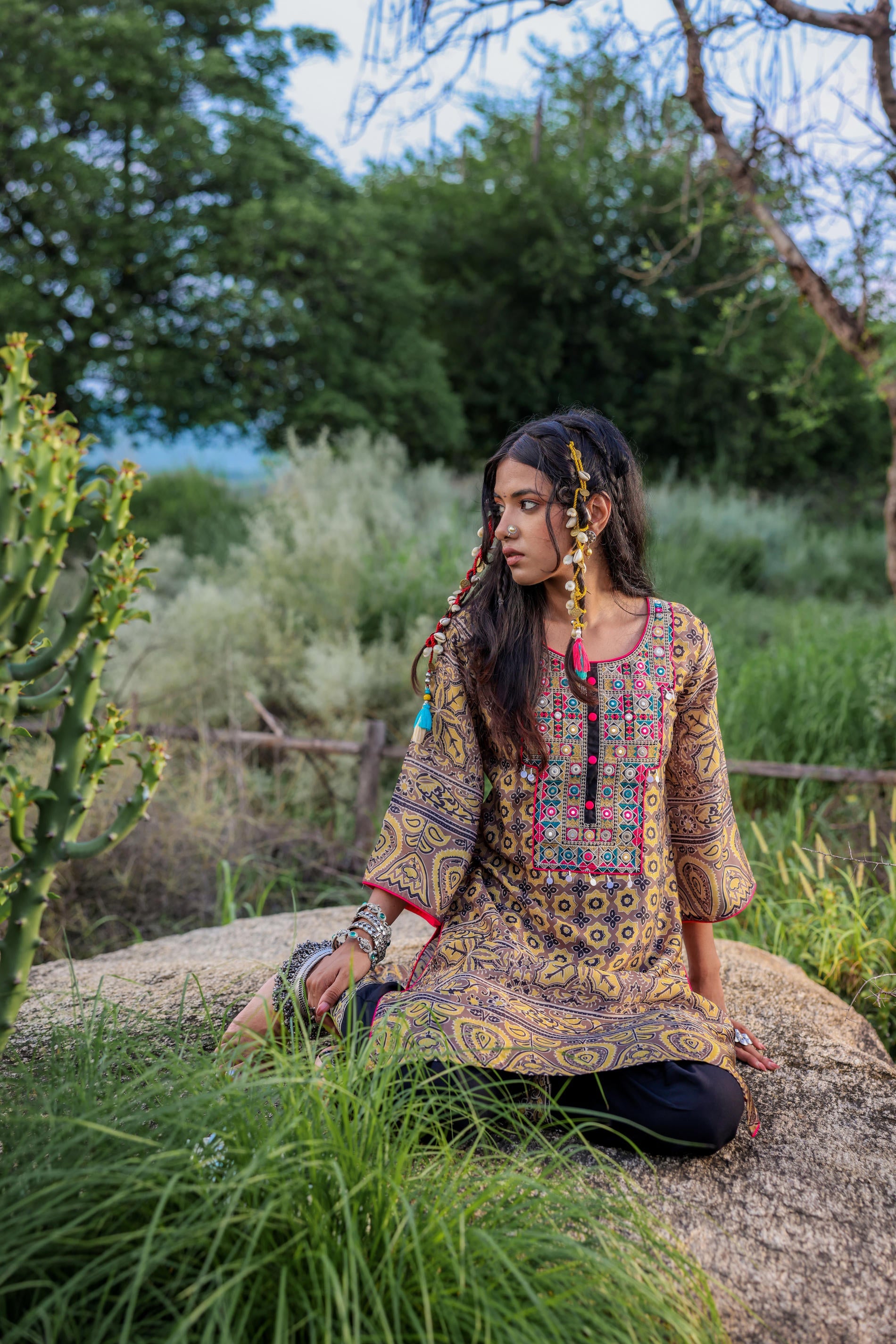 Polycotton Mustard Embroidered Kurta Pant Set with Mirror, Thread Work & Tassels