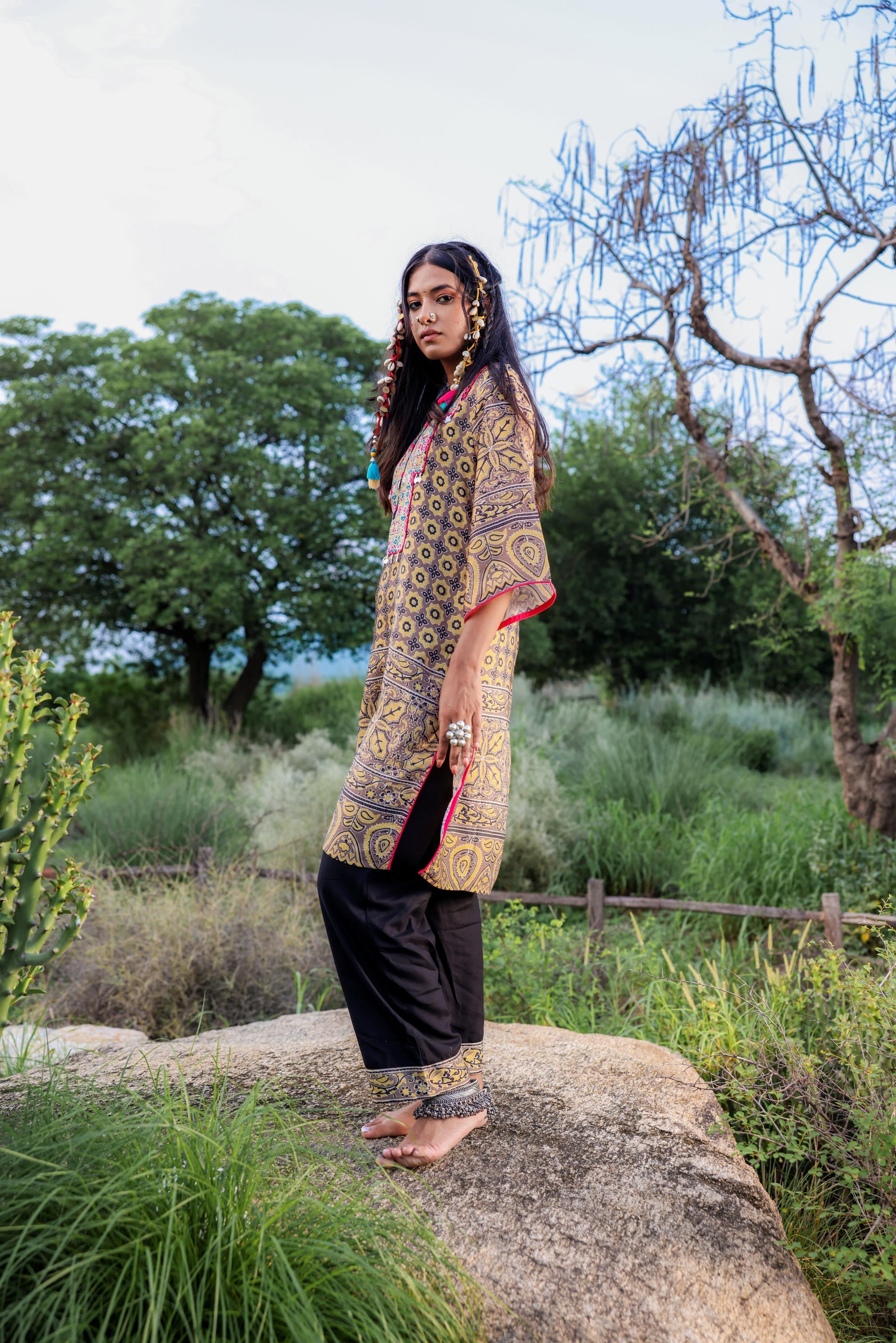 Polycotton Mustard Embroidered Kurta Pant Set with Mirror, Thread Work & Tassels