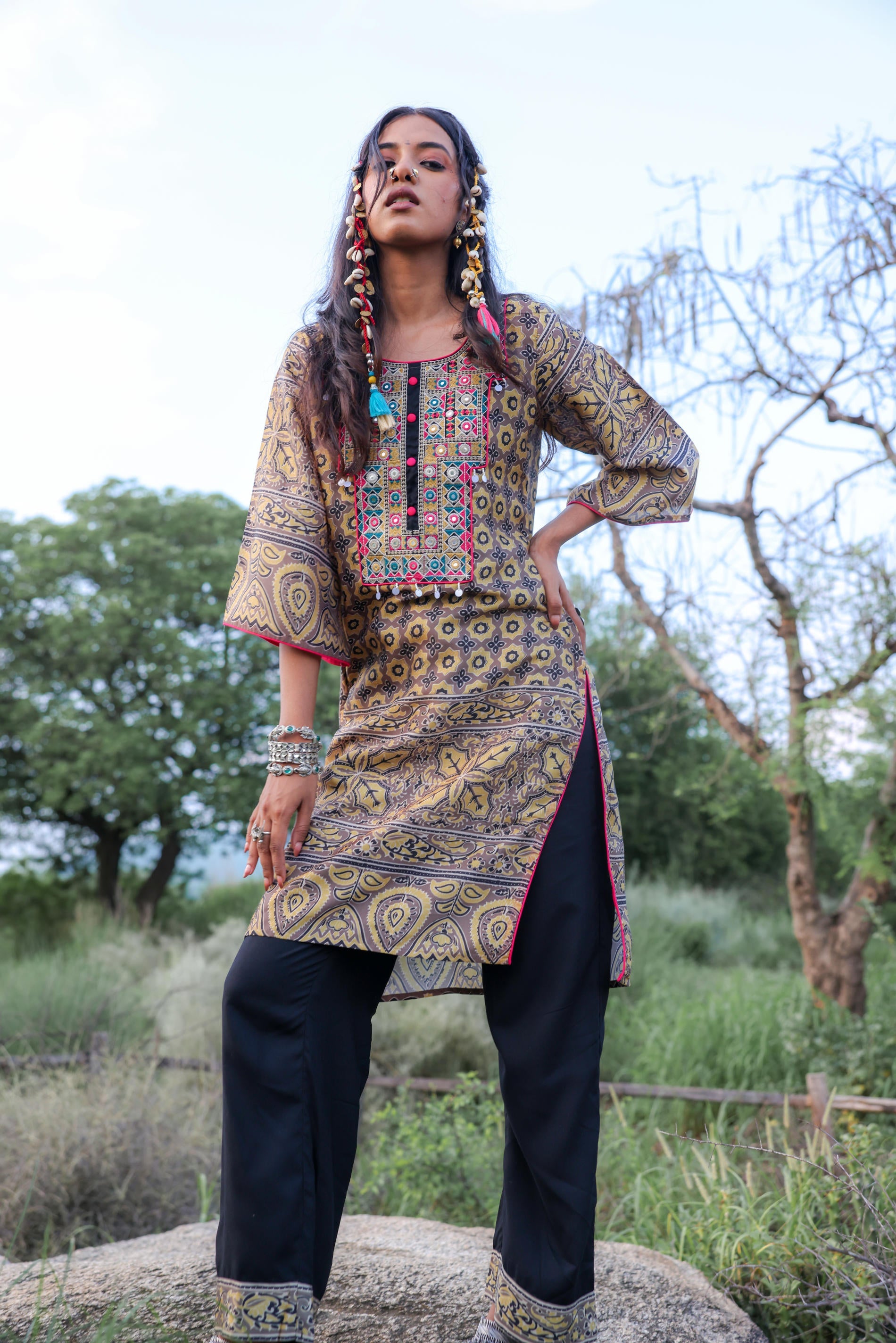 Polycotton Mustard Embroidered Kurta Pant Set with Mirror, Thread Work & Tassels