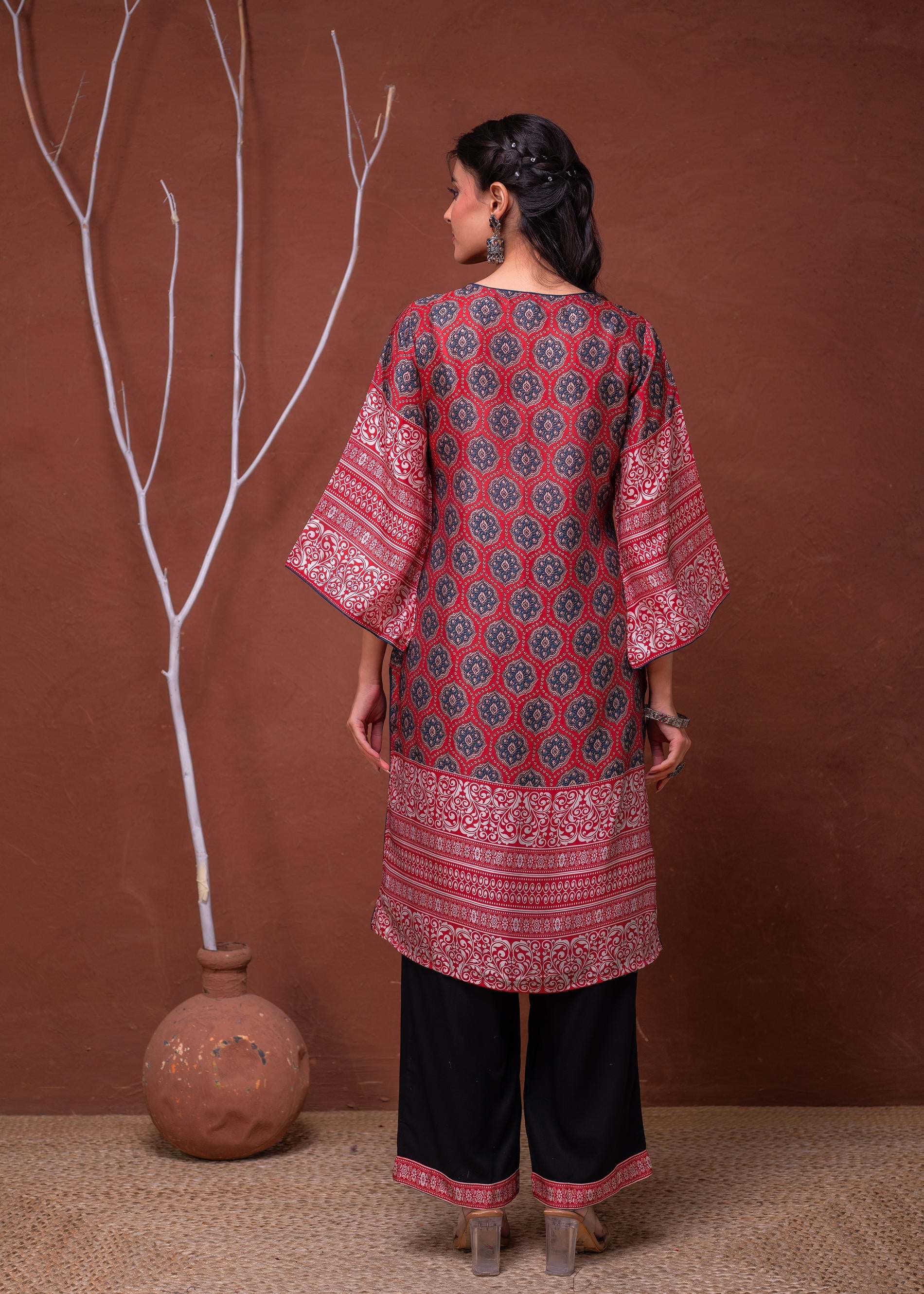 Polycotton Maroon Embroidered Kurta Pant Set with Mirror, Thread Work & Tassels