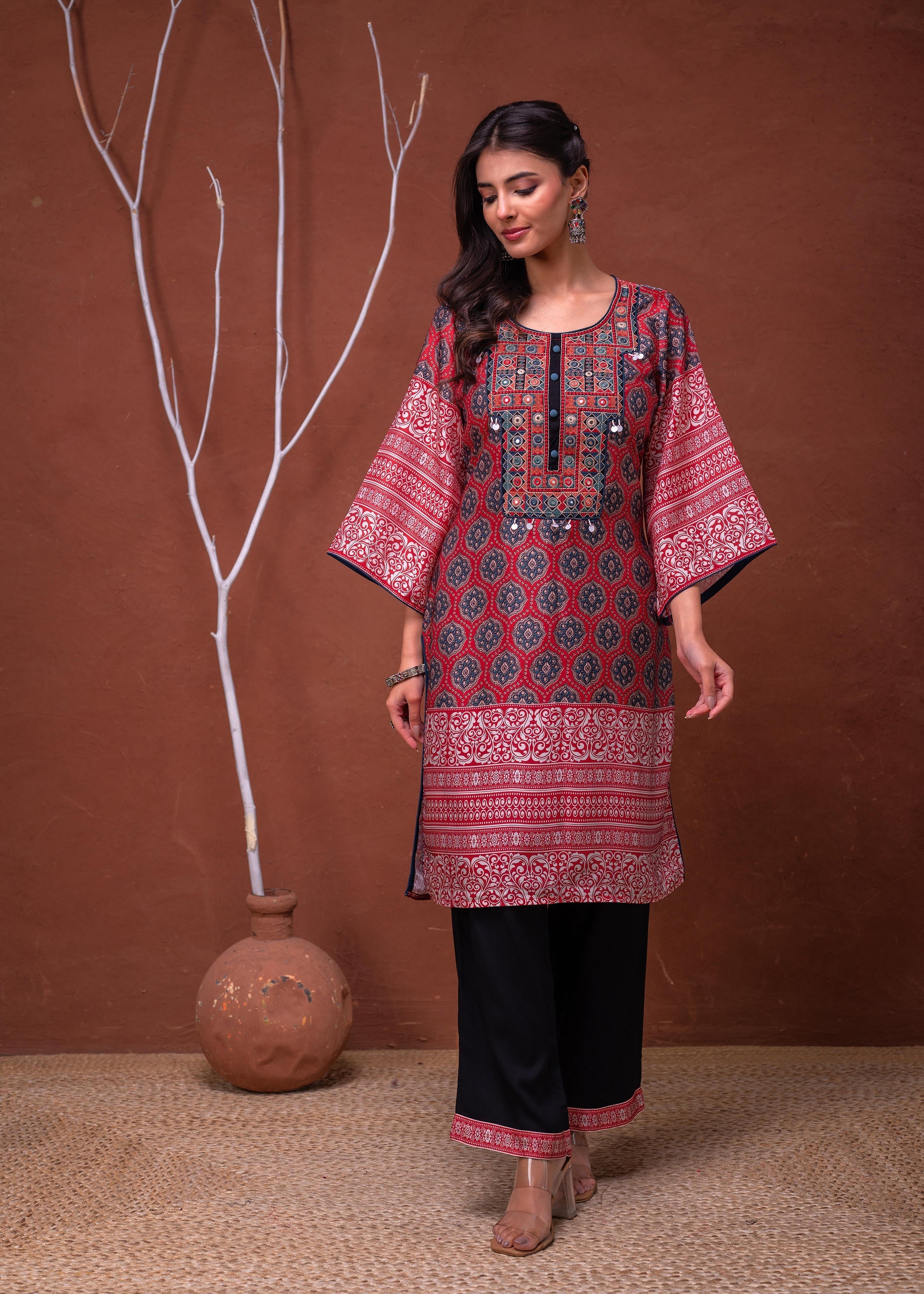 Polycotton Maroon Embroidered Kurta Pant Set with Mirror, Thread Work & Tassels