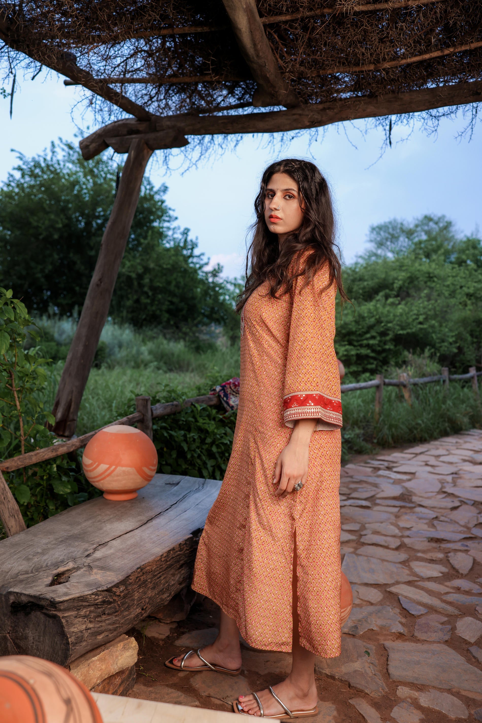 Mustard Embroidered A-Line Kurta with Mirror & Thread Work