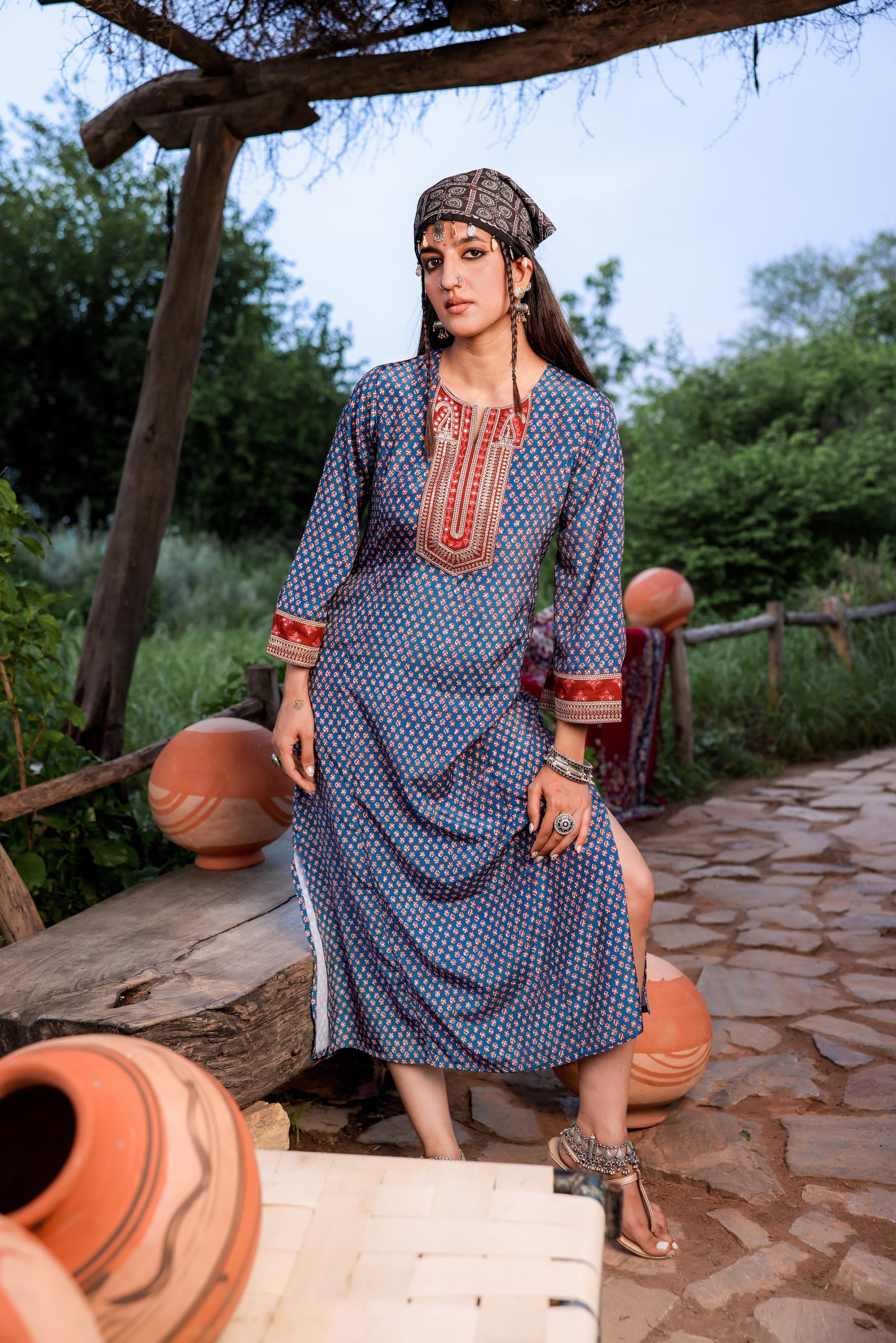 Teal Ethnic Motif Embroidered A-Line Kurta with Zari & Mirror Work