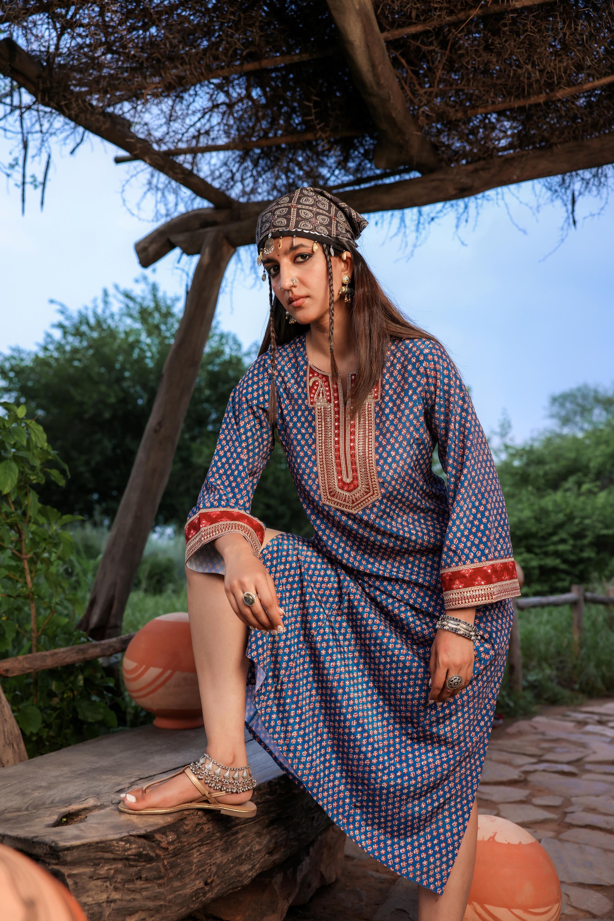 Teal Ethnic Motif Embroidered A-Line Kurta with Zari & Mirror Work