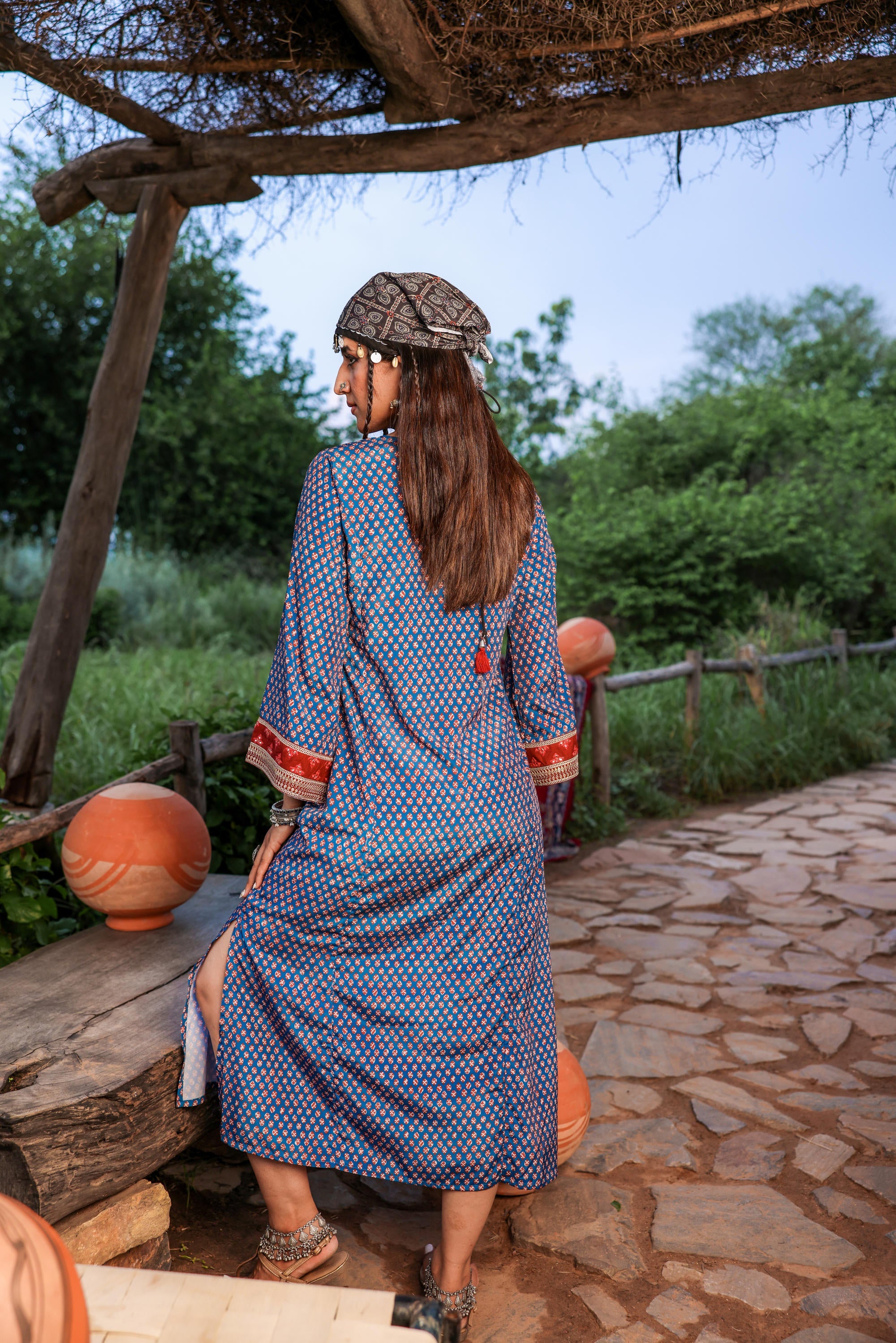 Teal Ethnic Motif Embroidered A-Line Kurta with Zari & Mirror Work