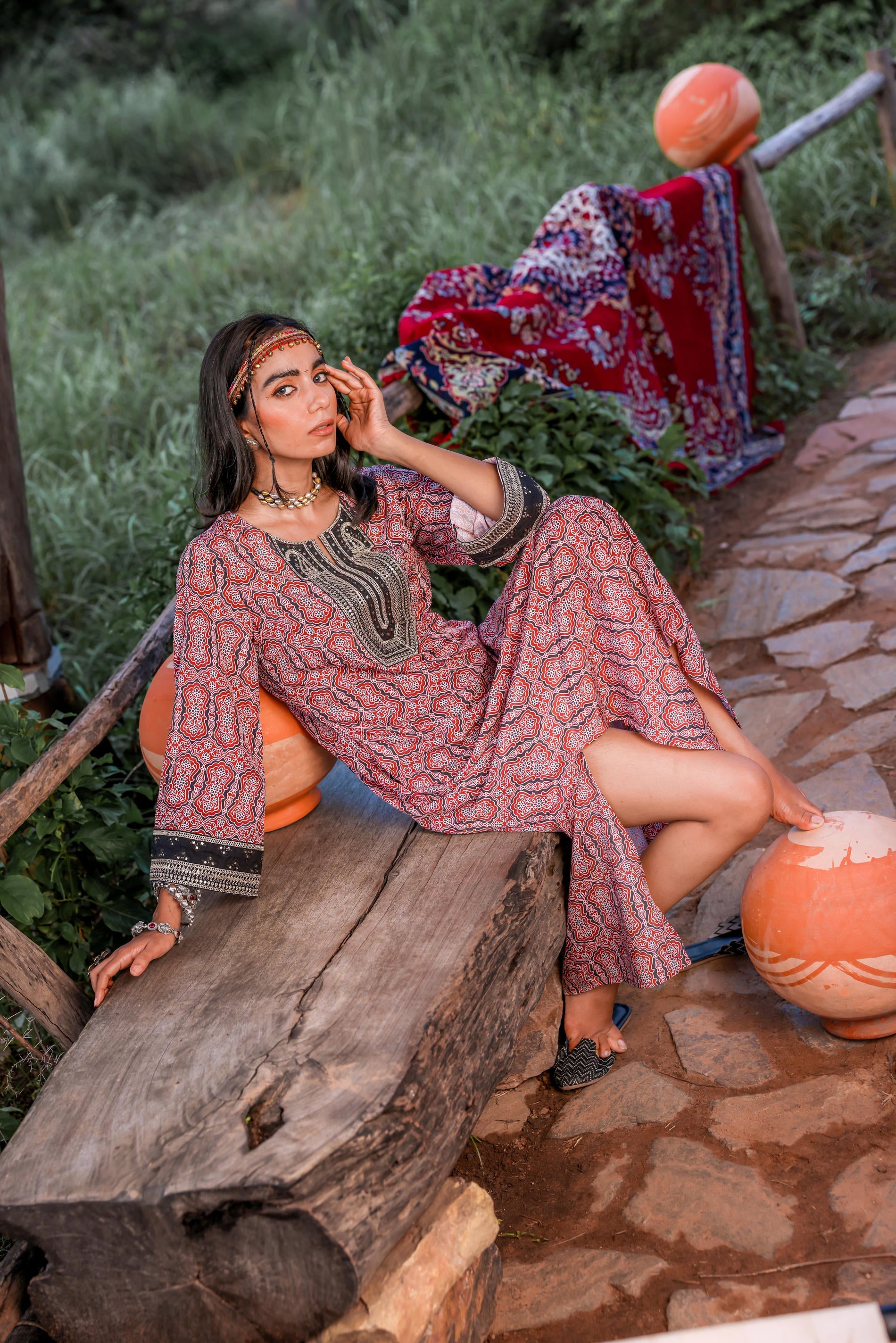 Black & Brown Ethnic Motif Embroidered Straight Kurta with Zari & Mirror Work