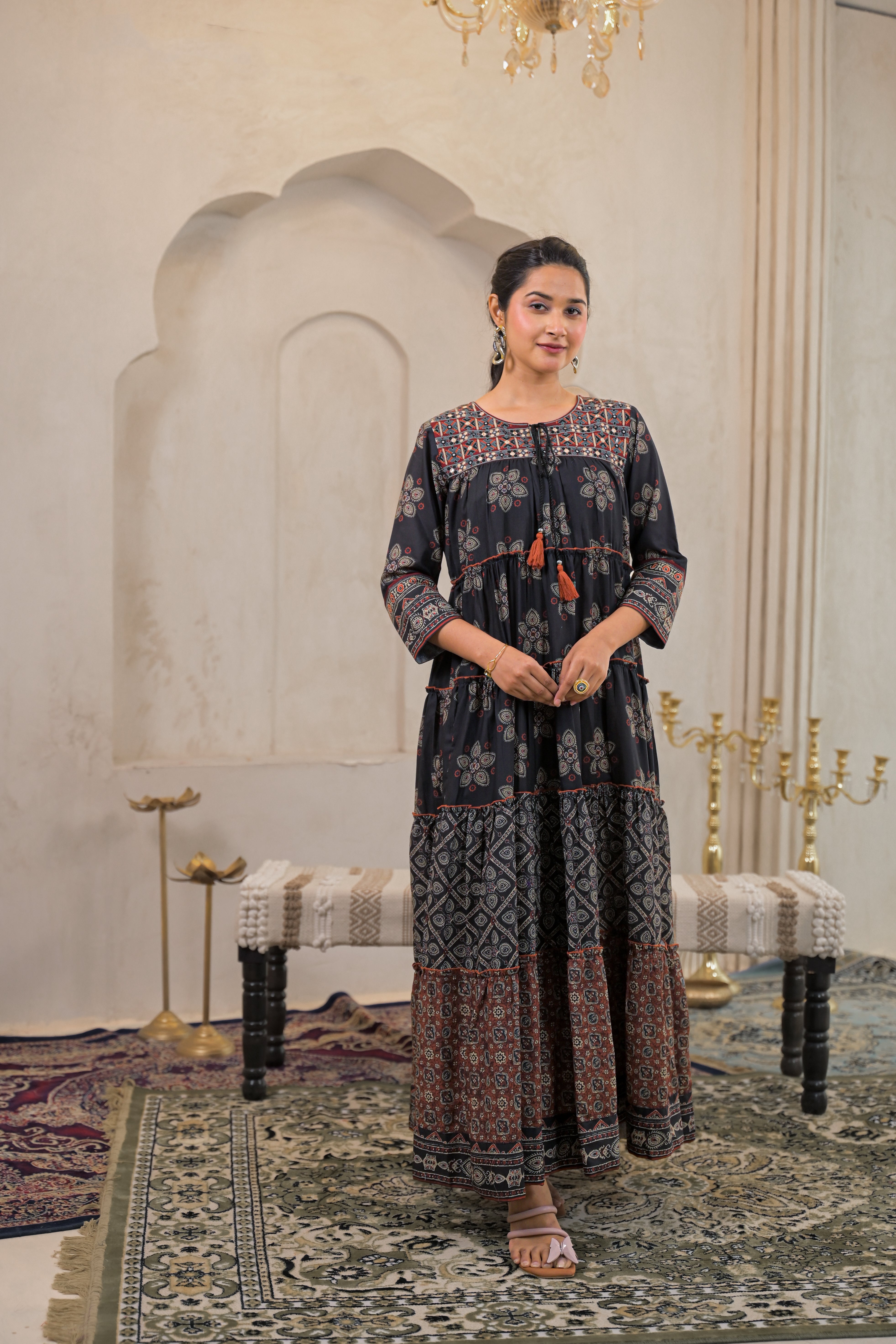 Black Manmade Fiber Ethnic Tiered Flared Longdress With Mirror & Thread Work