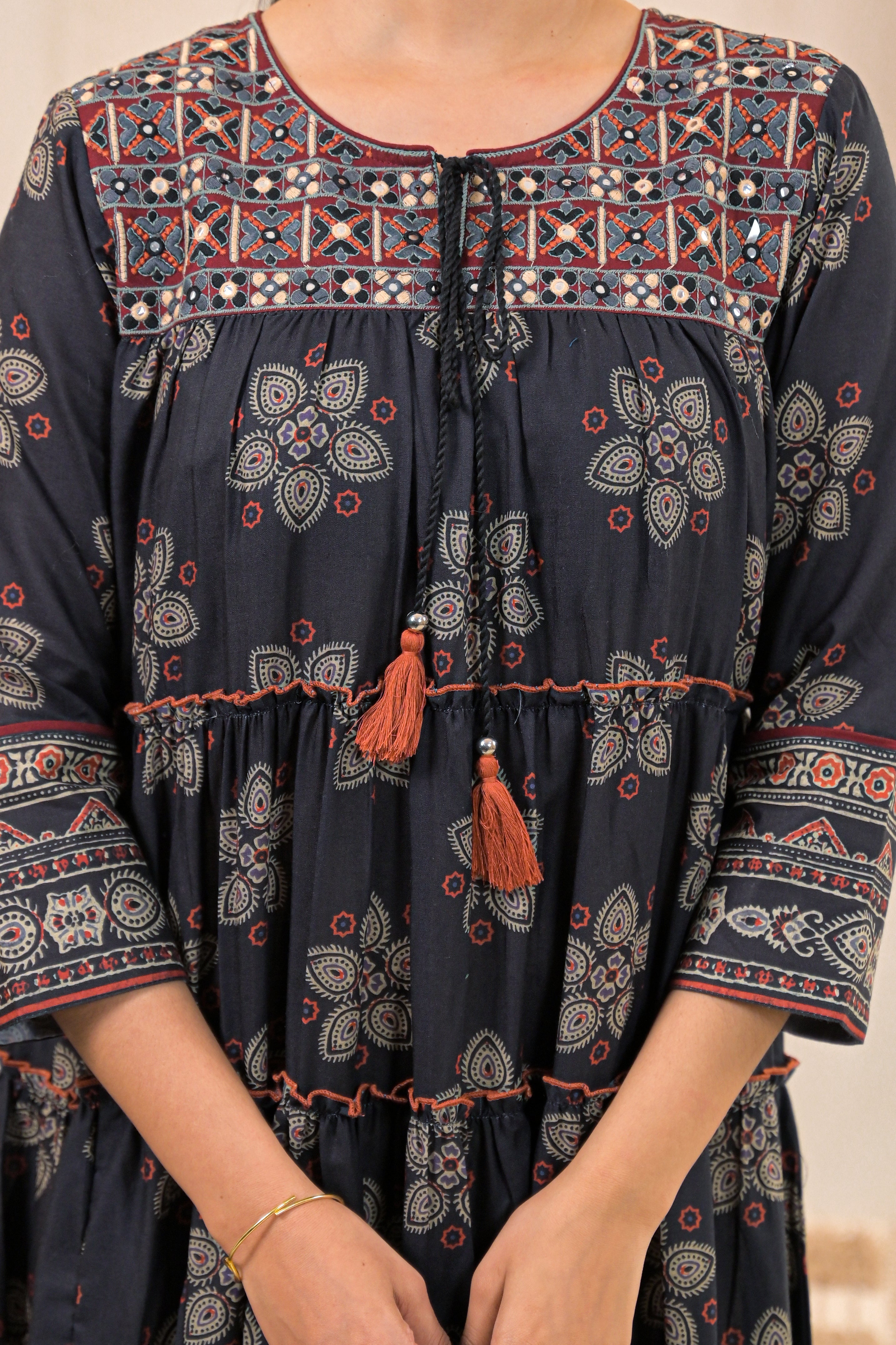 Black Manmade Fiber Ethnic Tiered Flared Longdress With Mirror & Thread Work