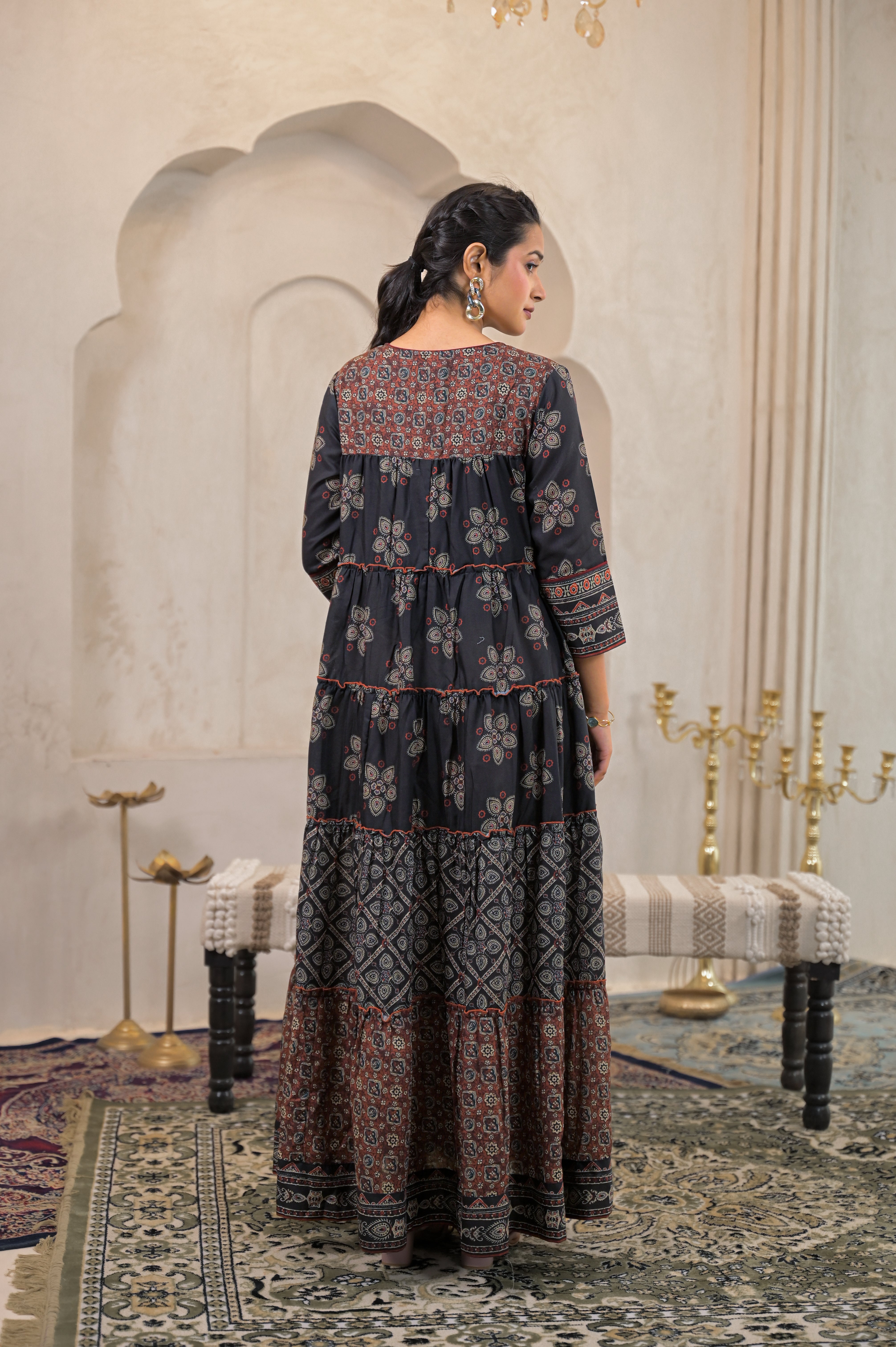 Black Manmade Fiber Ethnic Tiered Flared Longdress With Mirror & Thread Work