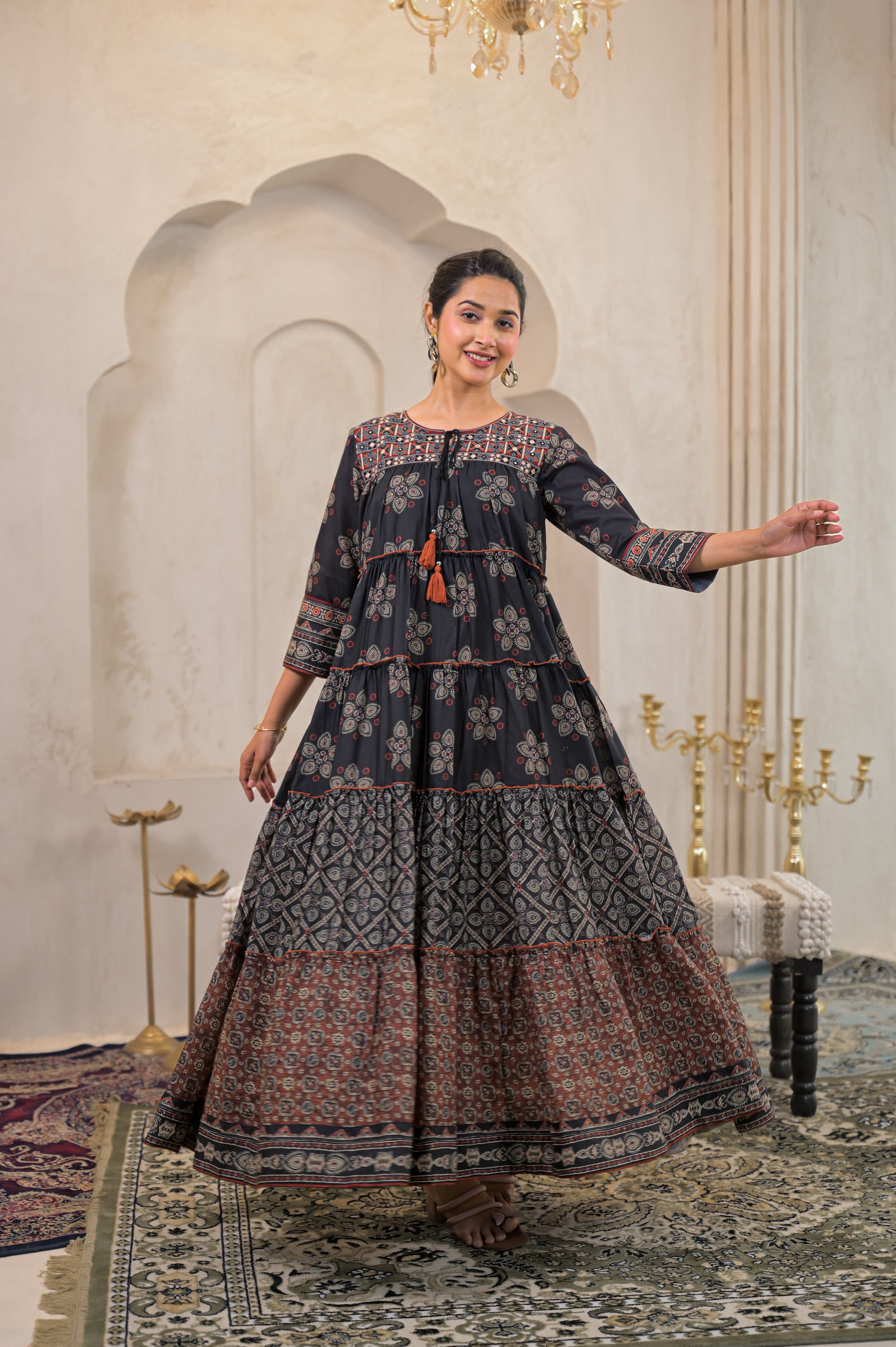 Black Manmade Fiber Ethnic Tiered Flared Longdress With Mirror & Thread Work