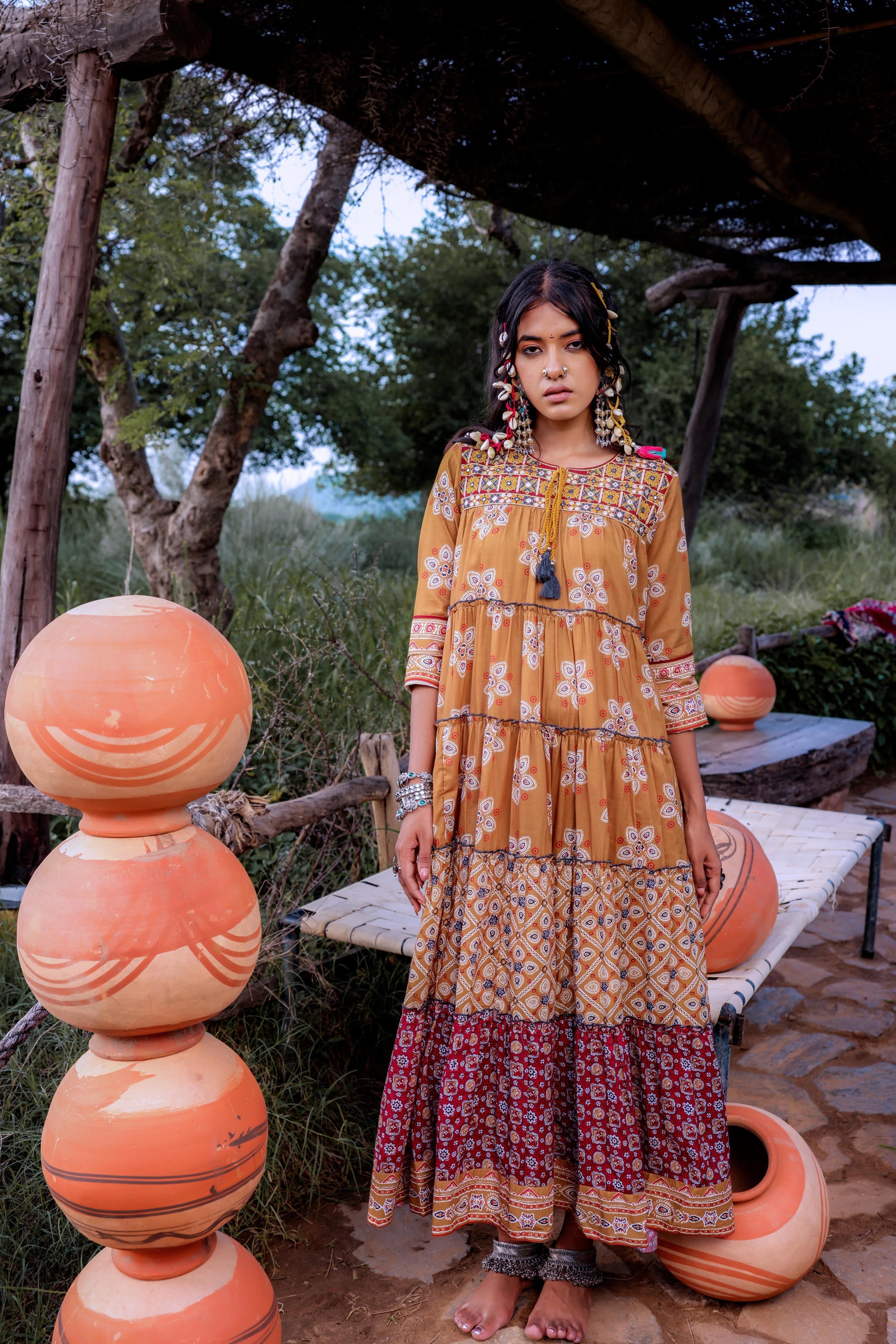 Mustard Embroidered Anarkali Long Dress with Tassels & Mirror Work