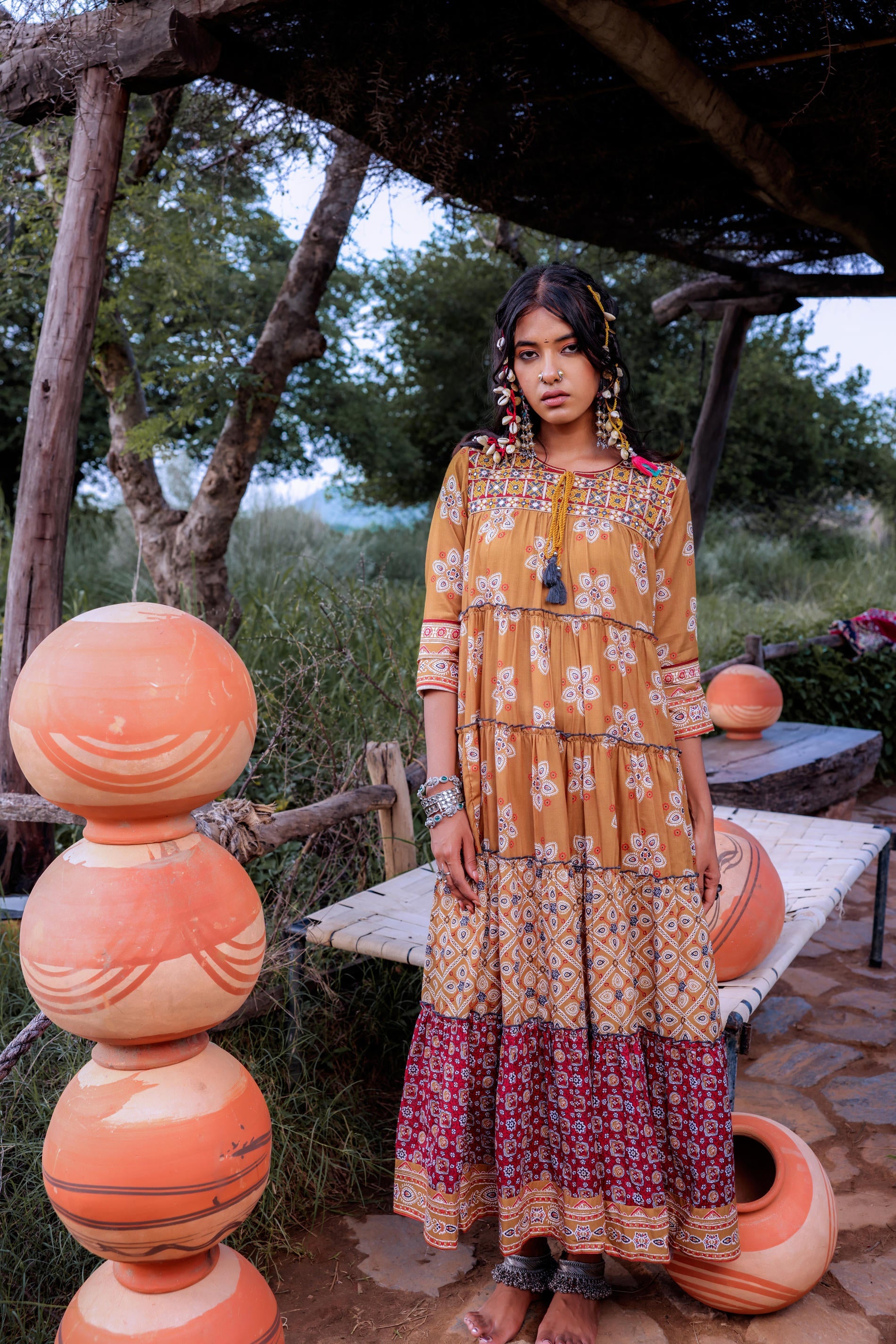 Mustard Embroidered Anarkali Long Dress with Tassels & Mirror Work