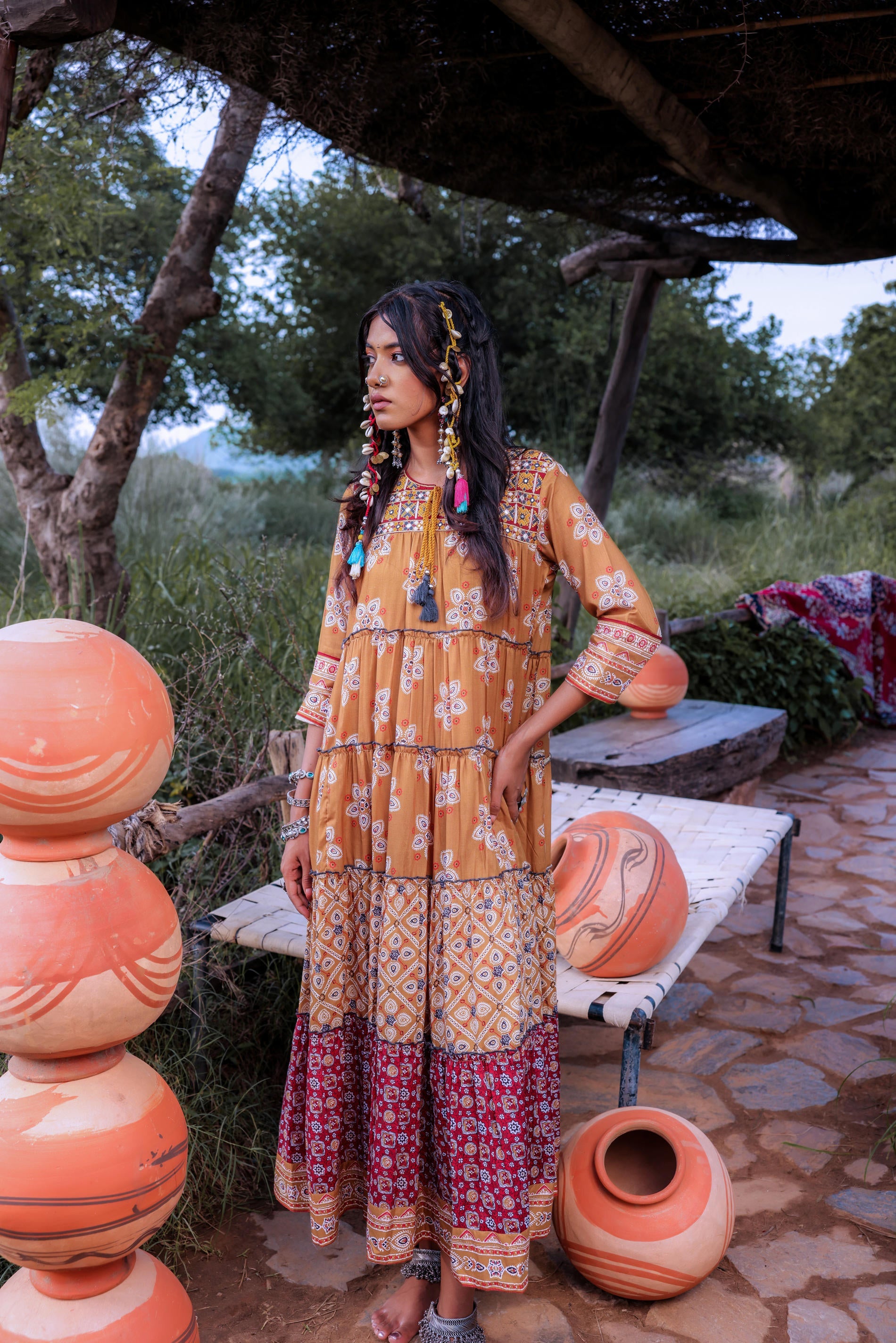 Mustard Embroidered Anarkali Long Dress with Tassels & Mirror Work