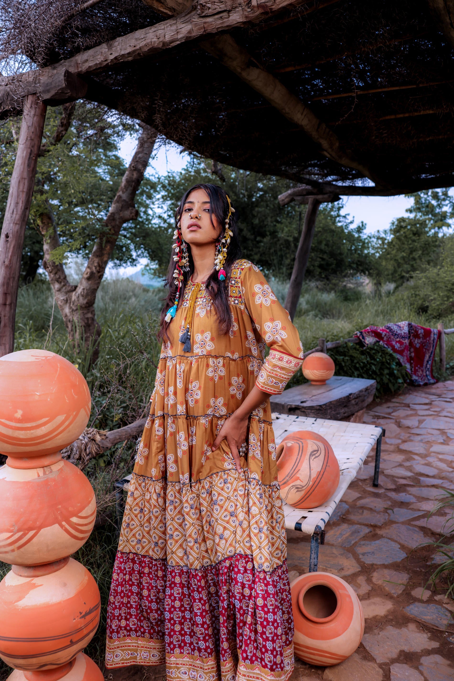 Mustard Embroidered Anarkali Long Dress with Tassels & Mirror Work