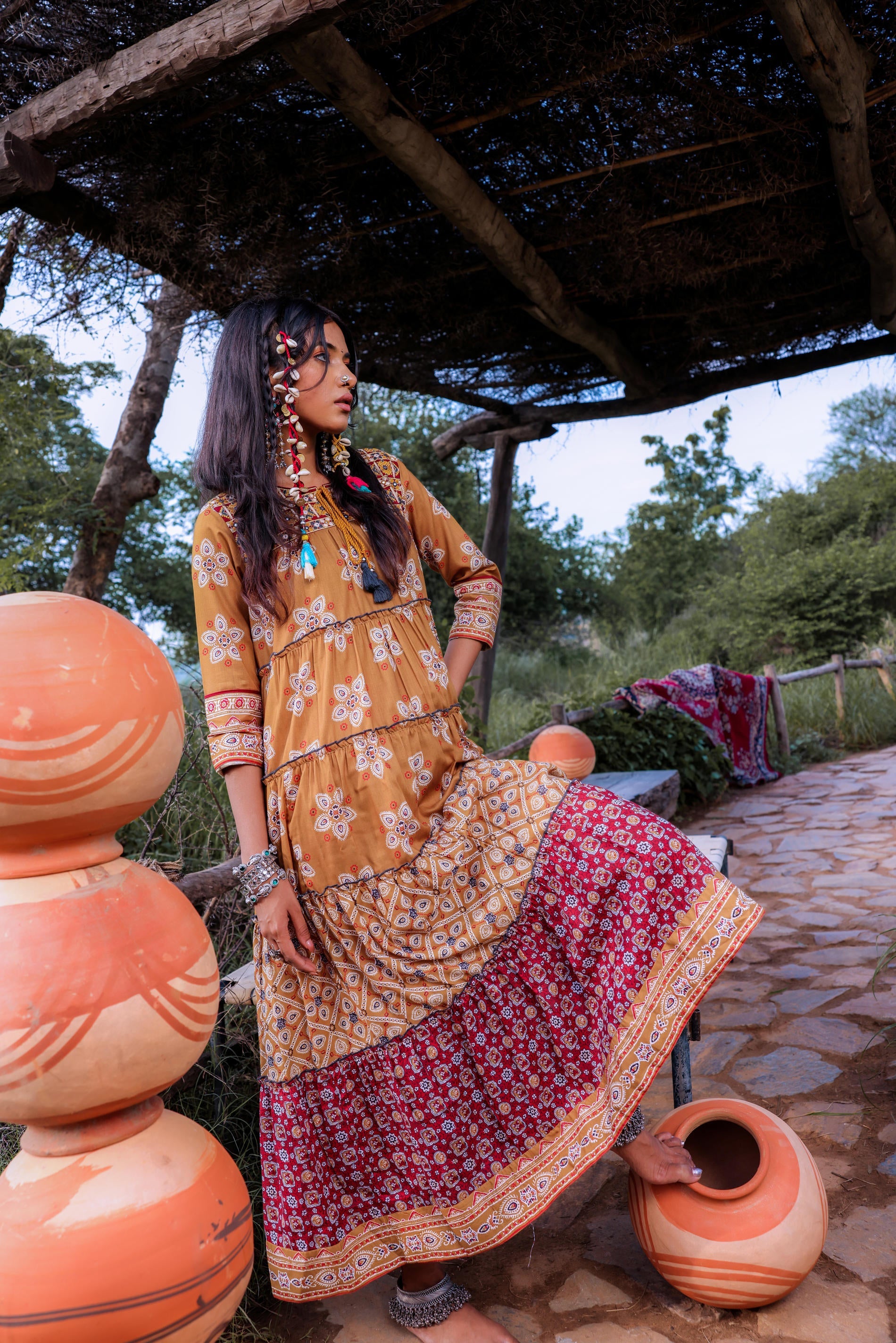 Mustard Embroidered Anarkali Long Dress with Tassels & Mirror Work