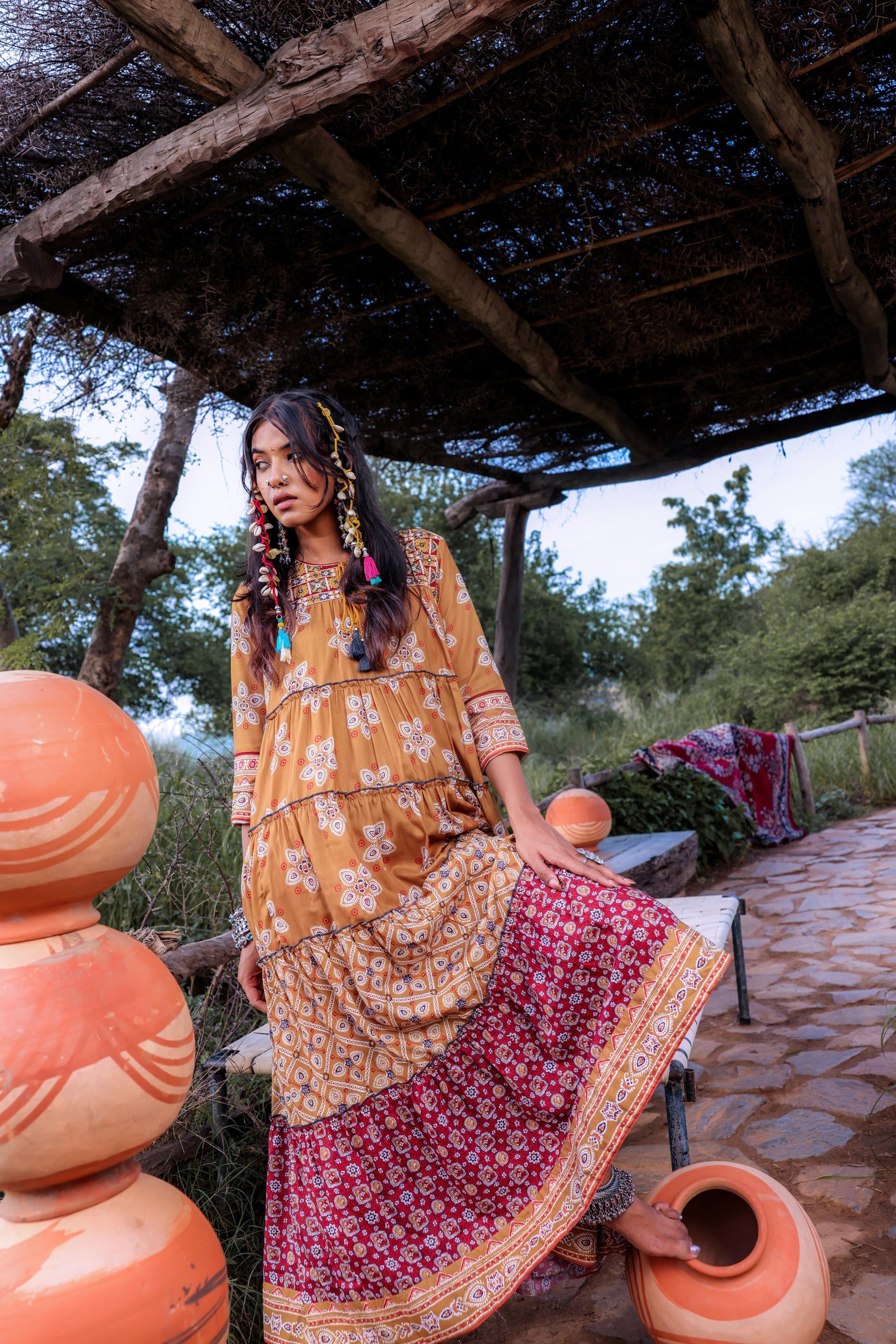 Mustard Embroidered Anarkali Long Dress with Tassels & Mirror Work