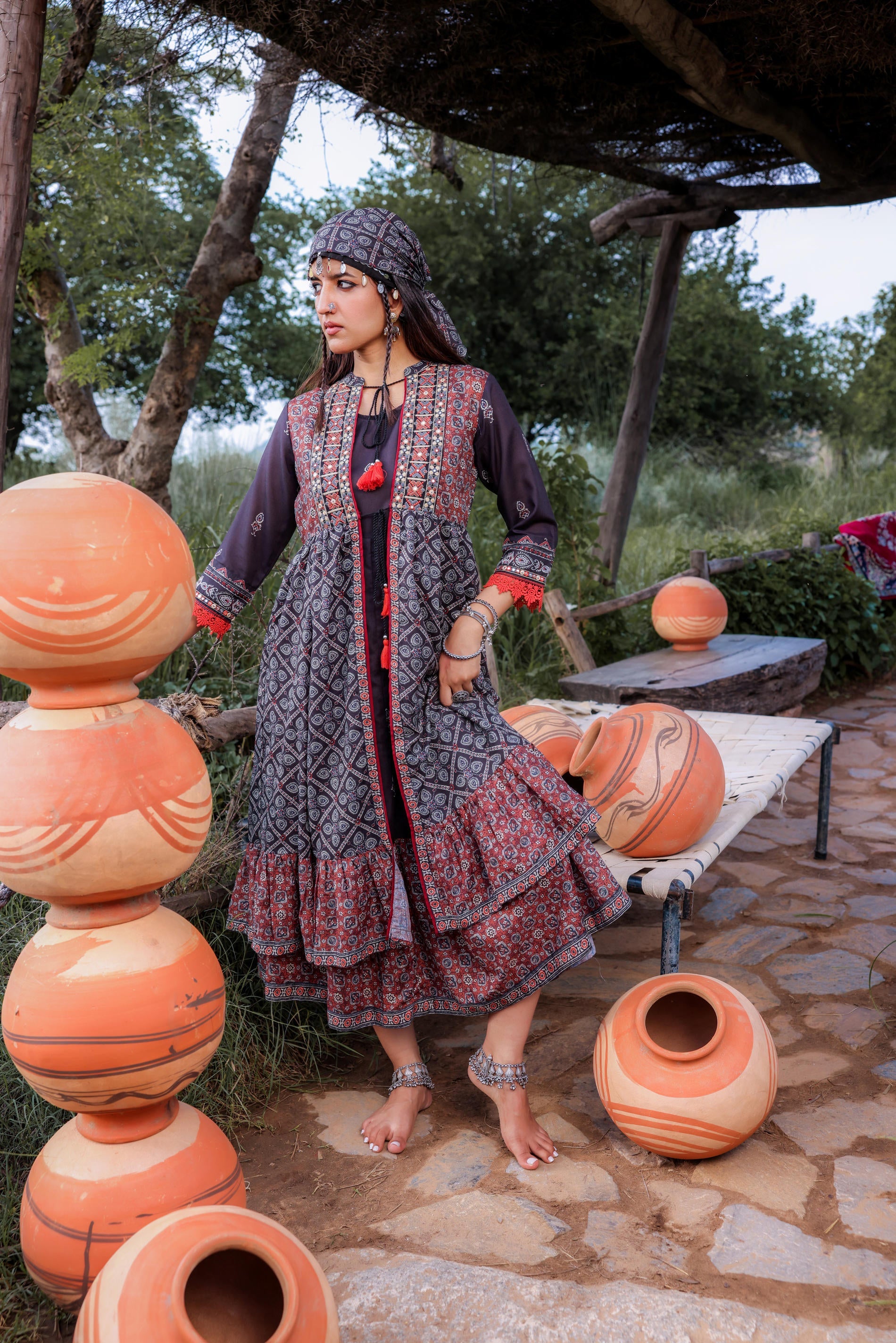 Black Embroidered Double-Layered Long Dress with Inner & Mirror Work