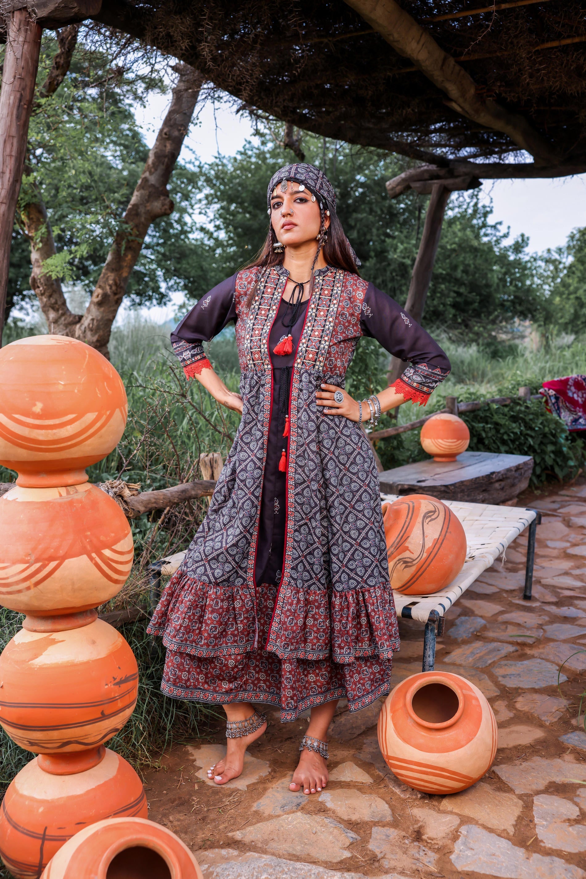 Black Embroidered Double-Layered Long Dress with Inner & Mirror Work