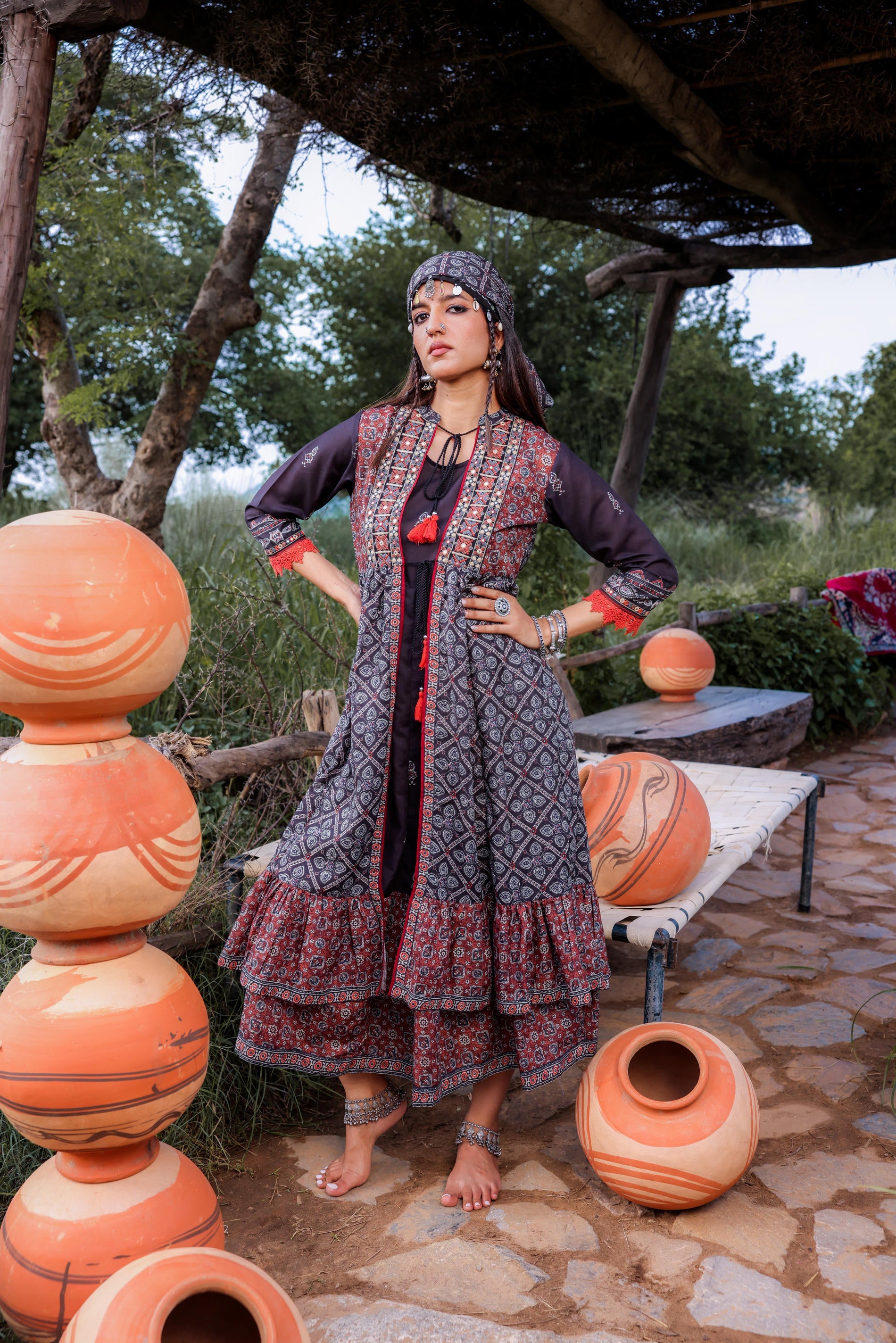 Black Embroidered Double-Layered Long Dress with Inner & Mirror Work