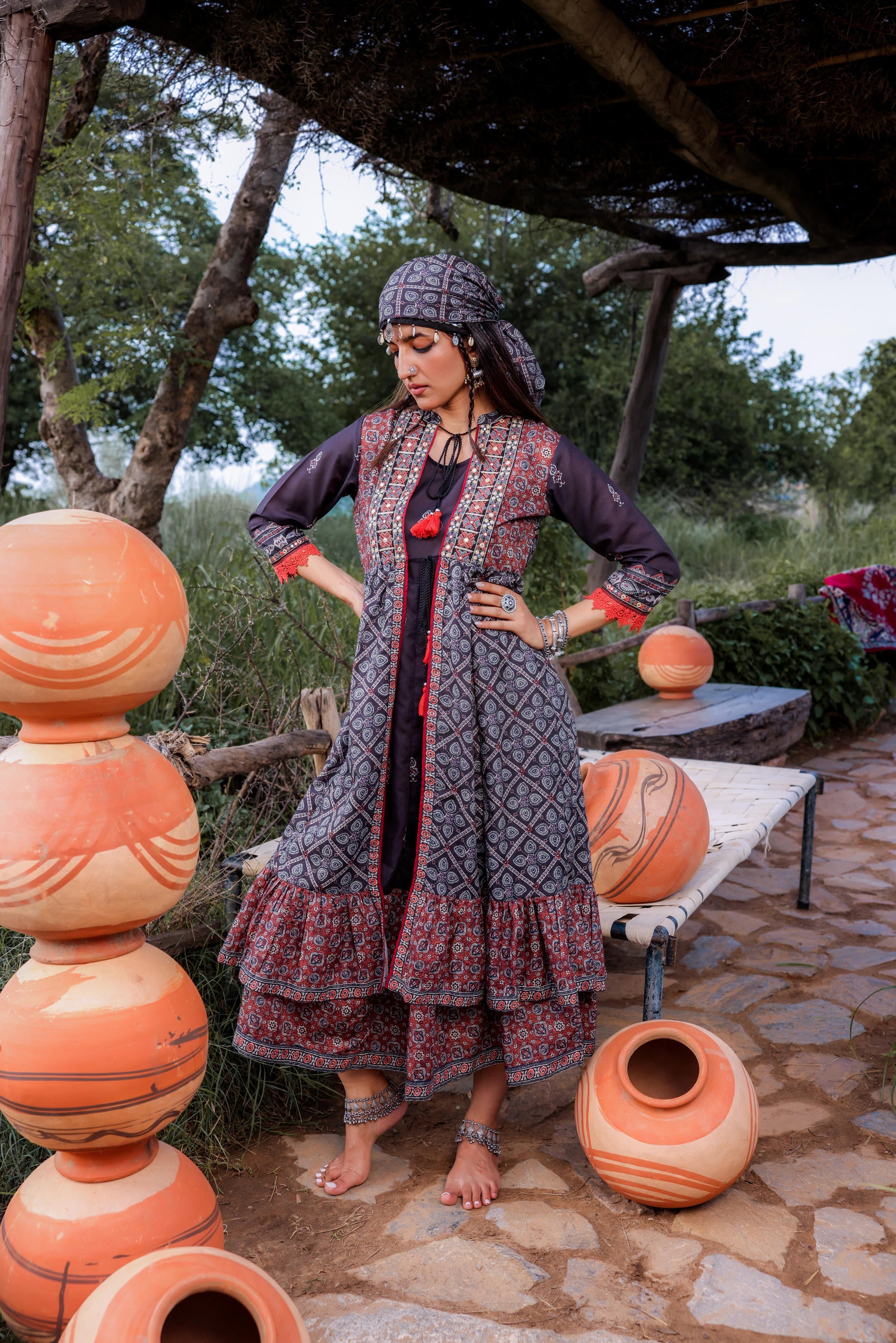 Black Embroidered Double-Layered Long Dress with Inner & Mirror Work