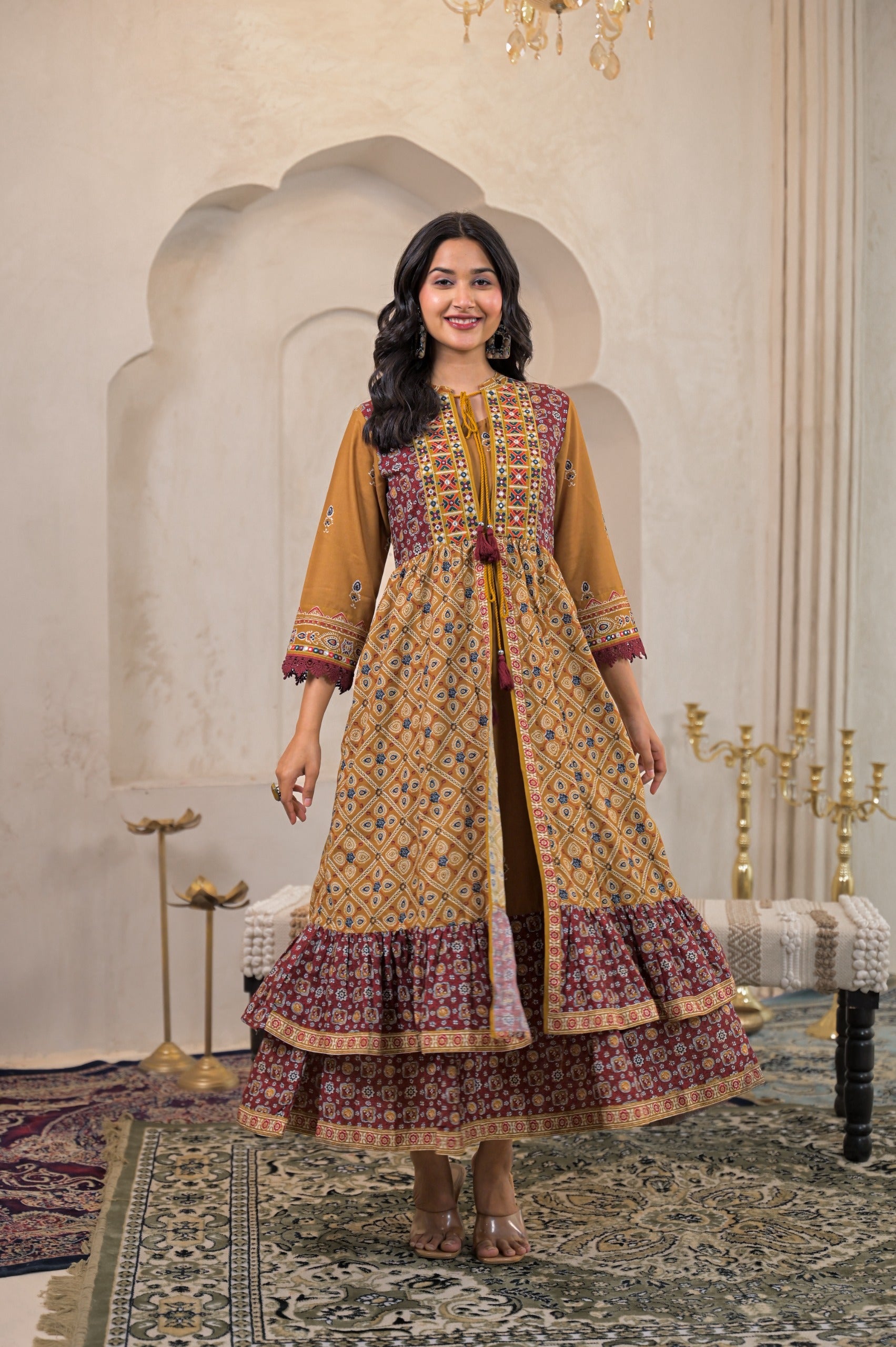 Mustard Manmade Fiber Ethnic Double Layered Flared Longdress With Inner & Mirror Thread Work