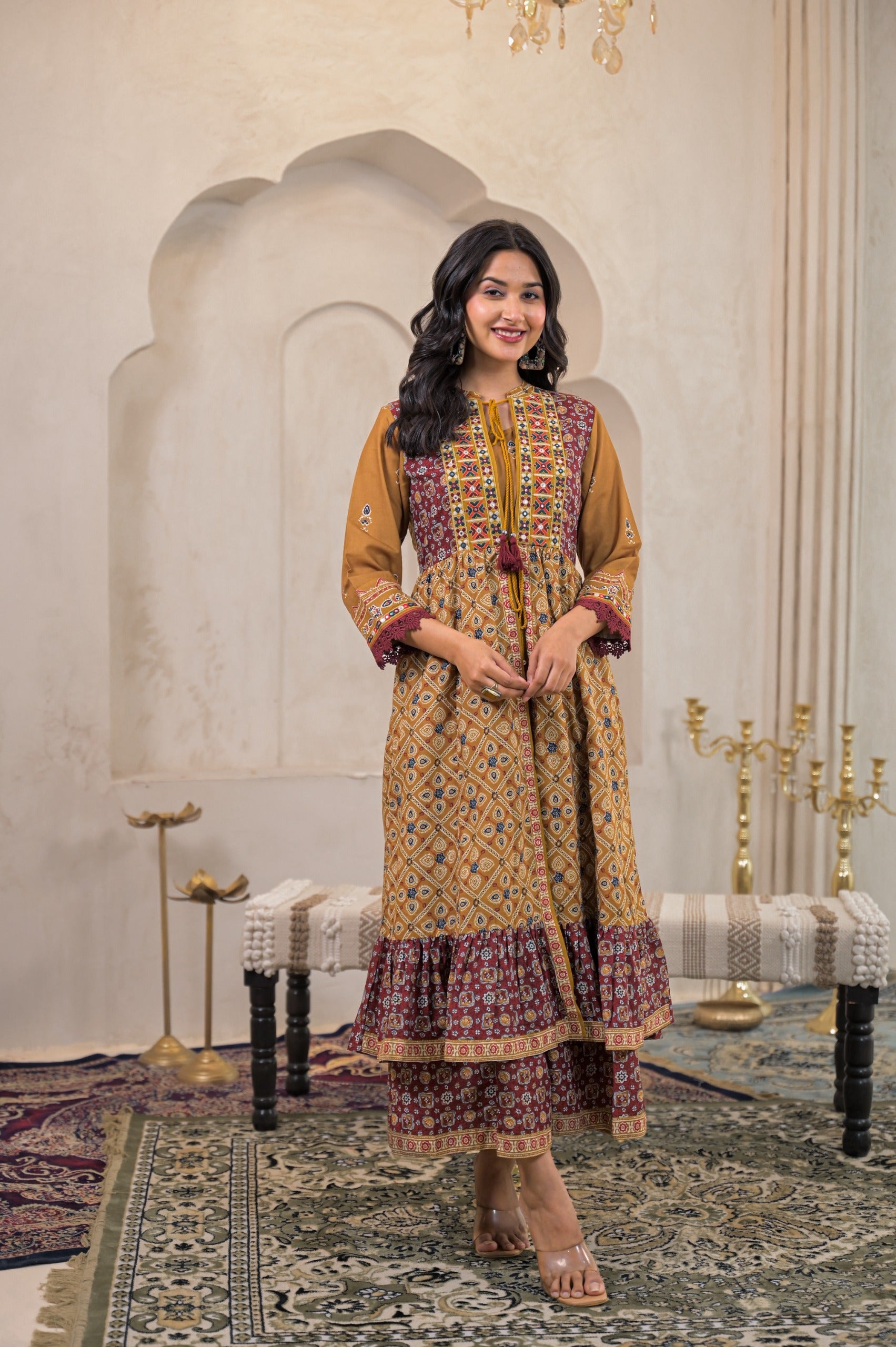 Mustard Manmade Fiber Ethnic Double Layered Flared Longdress With Inner & Mirror Thread Work