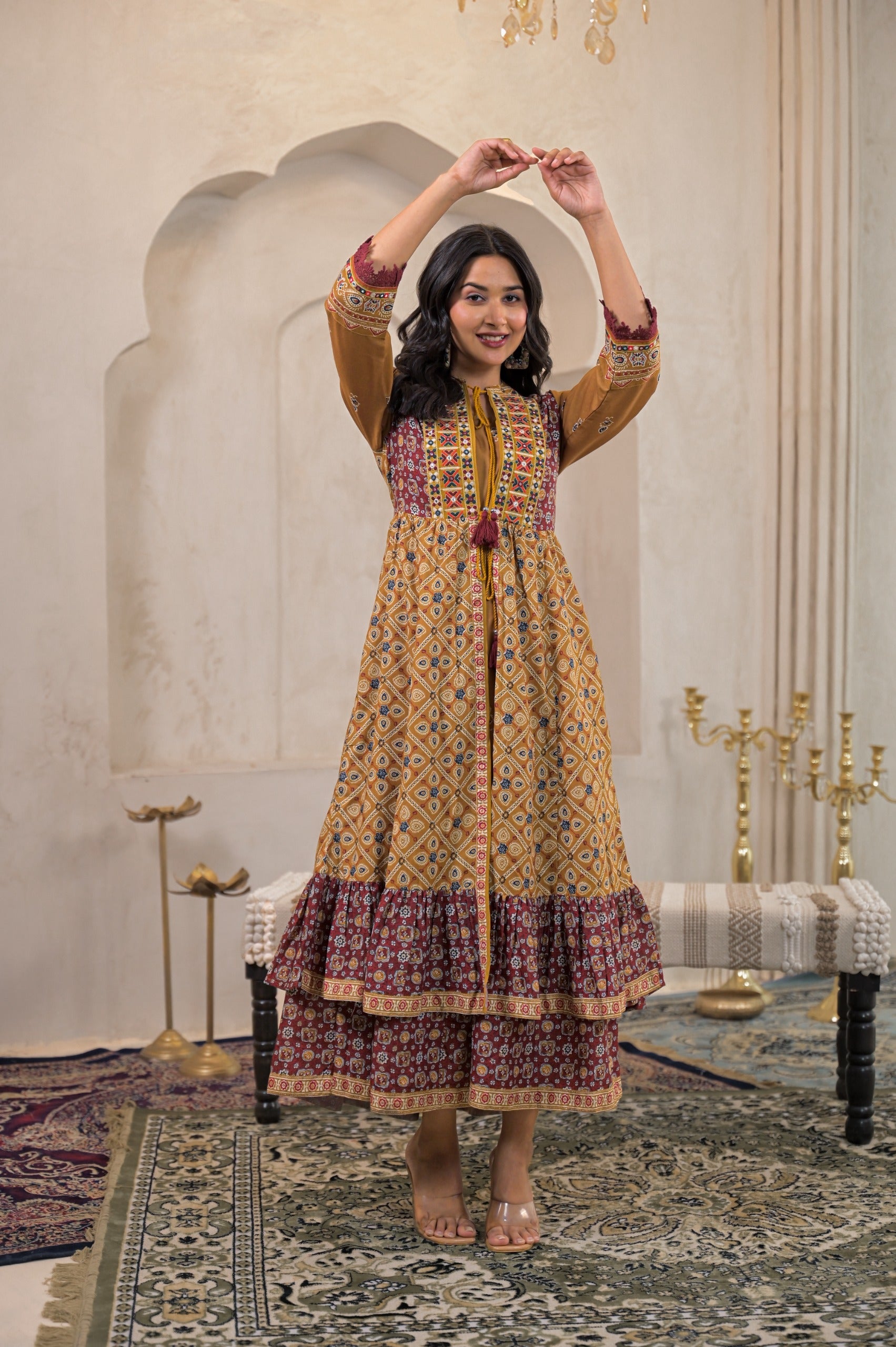 Mustard Manmade Fiber Ethnic Double Layered Flared Longdress With Inner & Mirror Thread Work