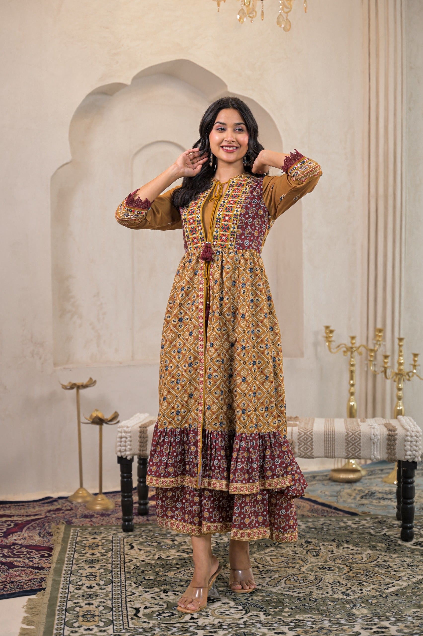 Mustard Manmade Fiber Ethnic Double Layered Flared Longdress With Inner & Mirror Thread Work