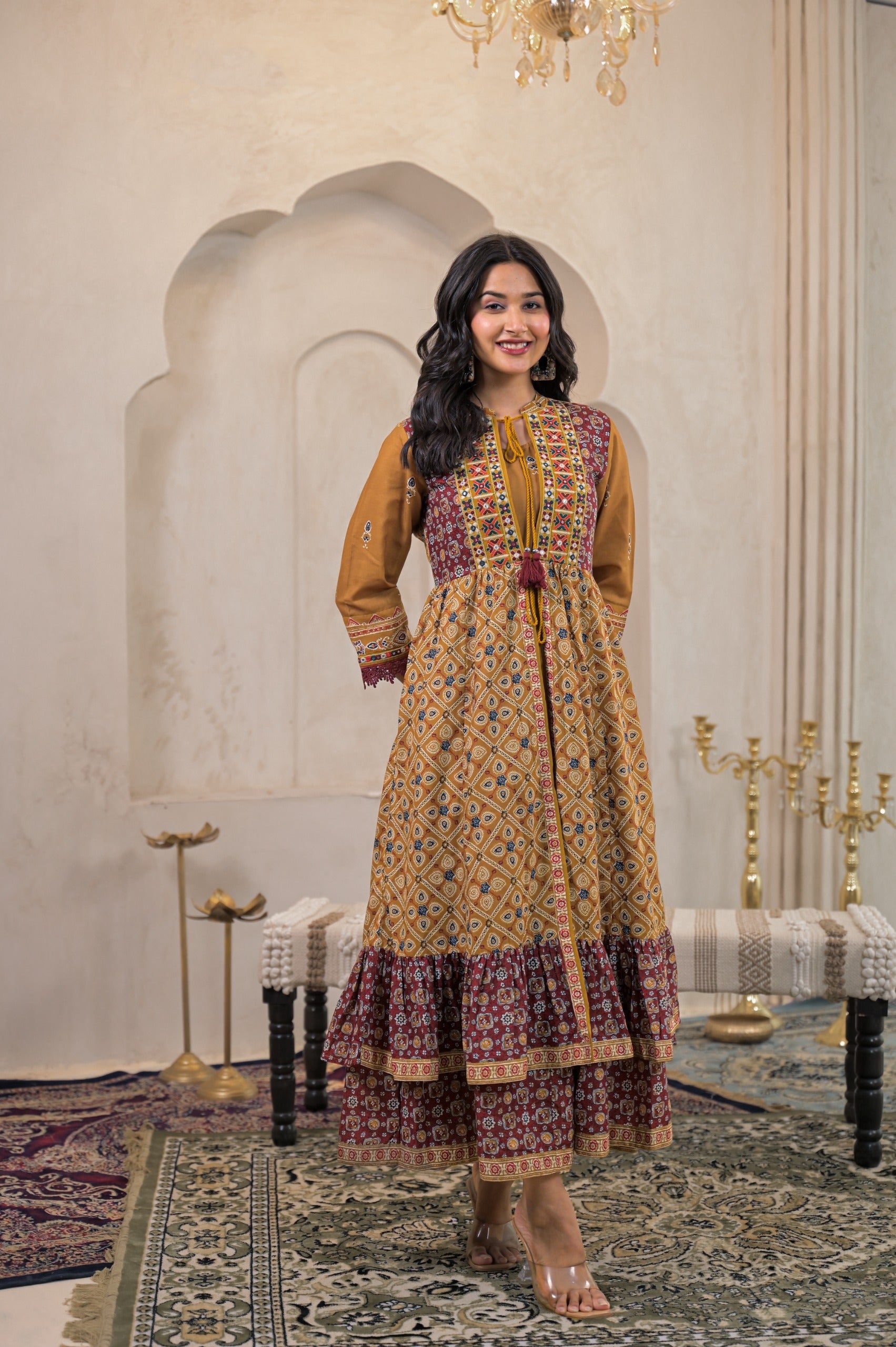 Mustard Manmade Fiber Ethnic Double Layered Flared Longdress With Inner & Mirror Thread Work