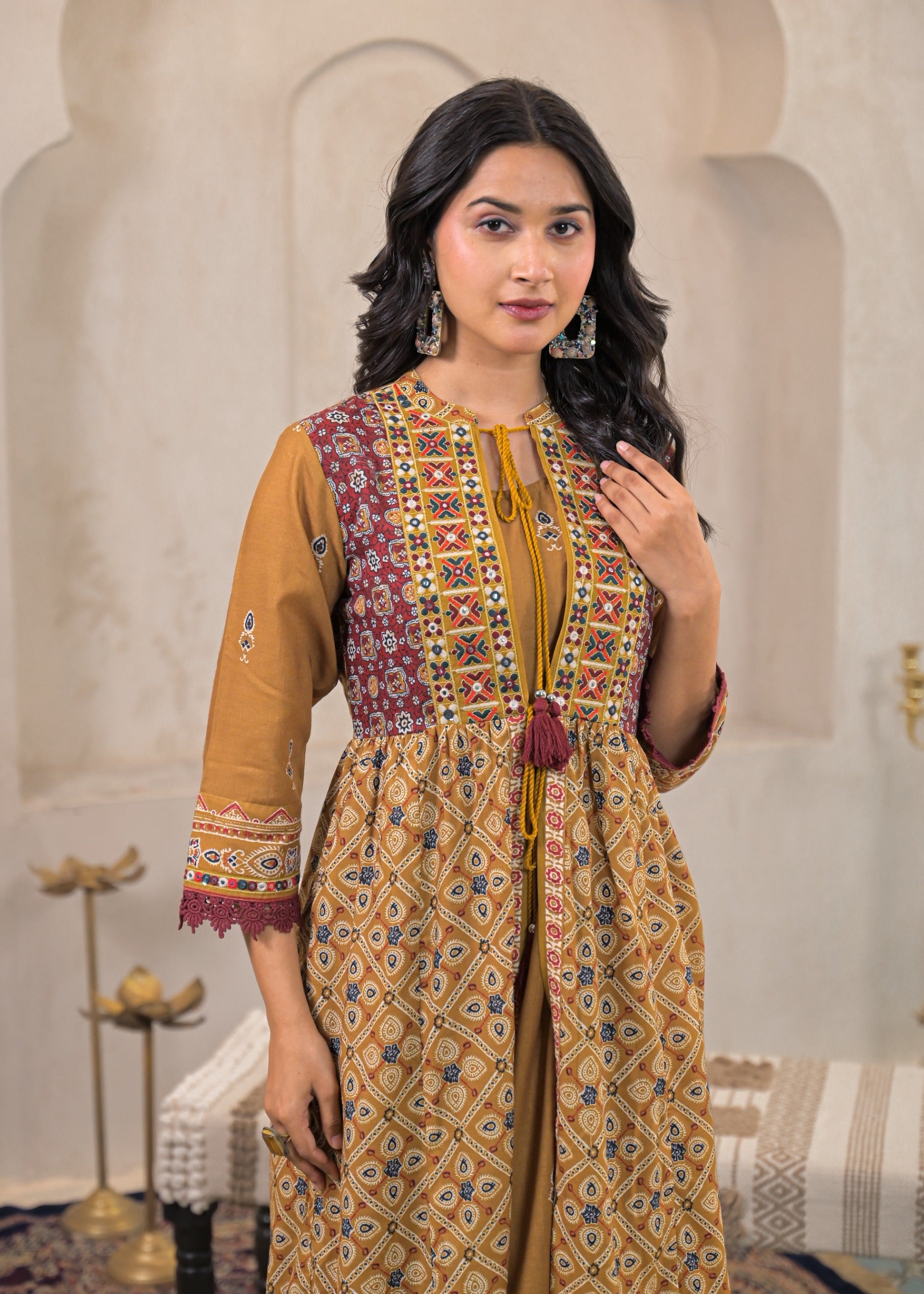 Mustard Manmade Fiber Ethnic Double Layered Flared Longdress With Inner & Mirror Thread Work
